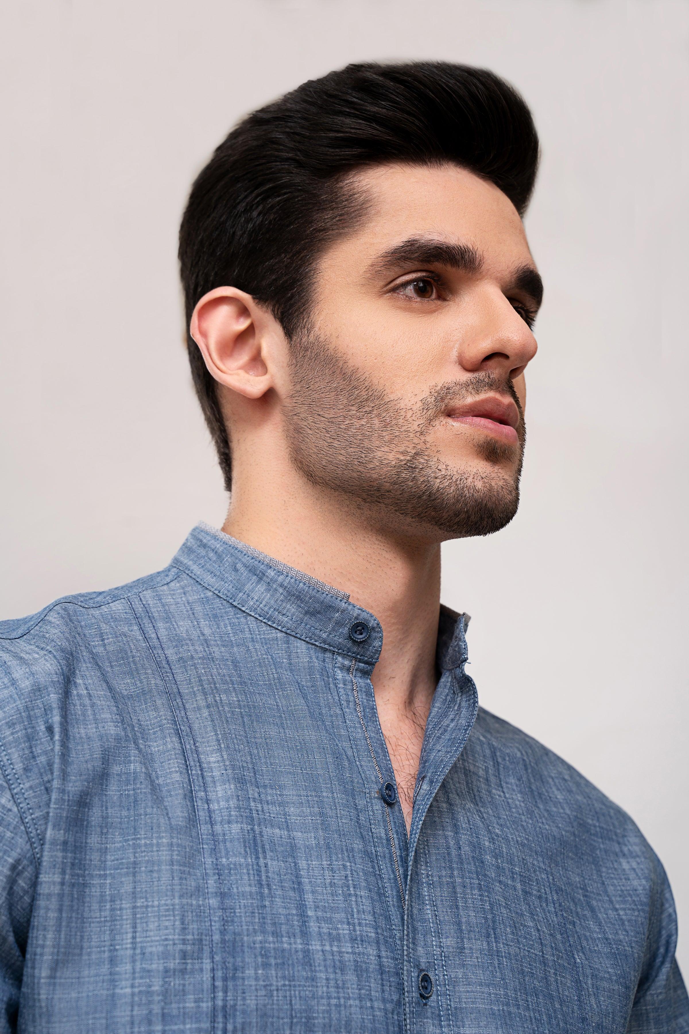 Blue casual shirt close-up of stand collar and button placket