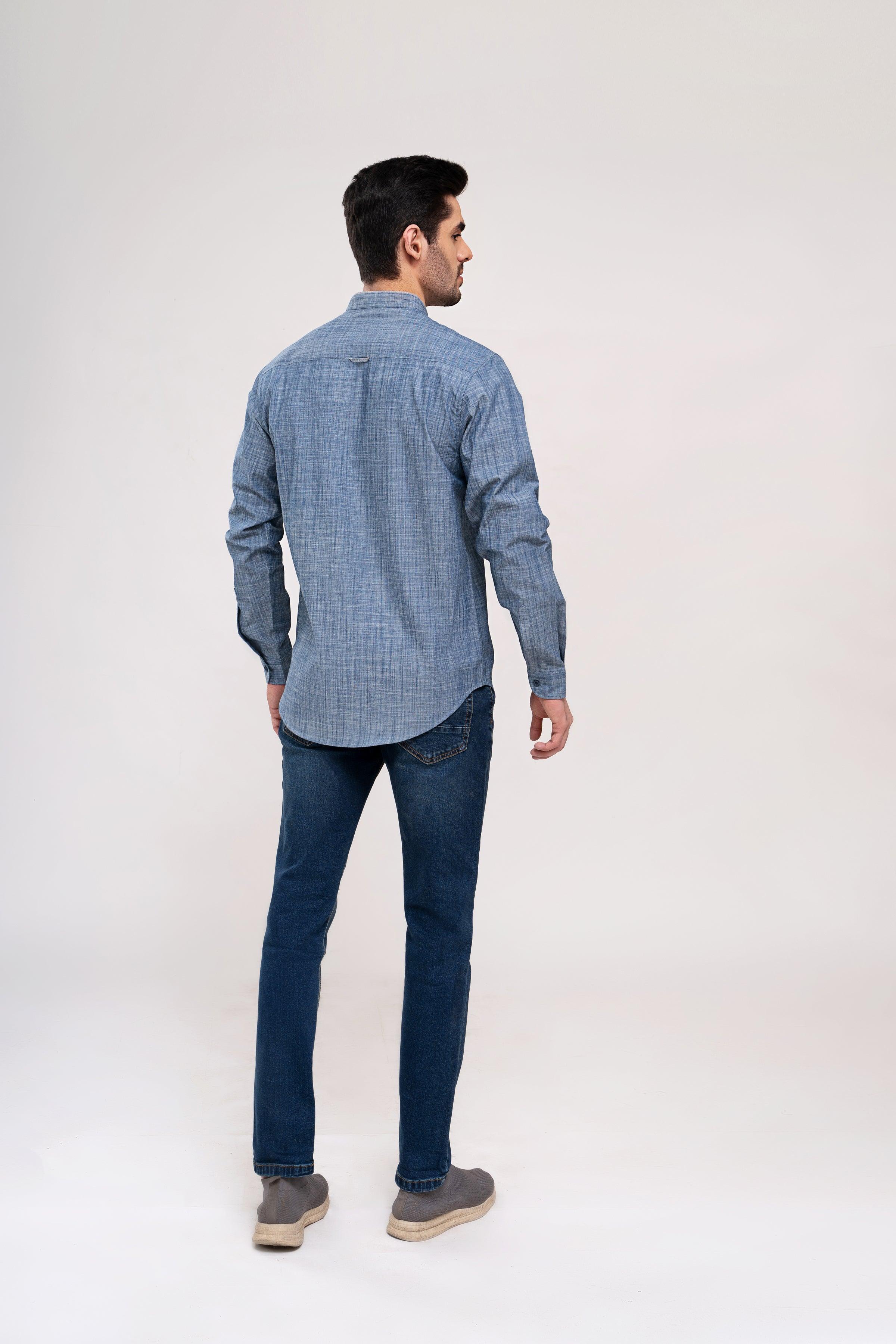Blue casual button-up shirt from back view with long sleeves and button placket