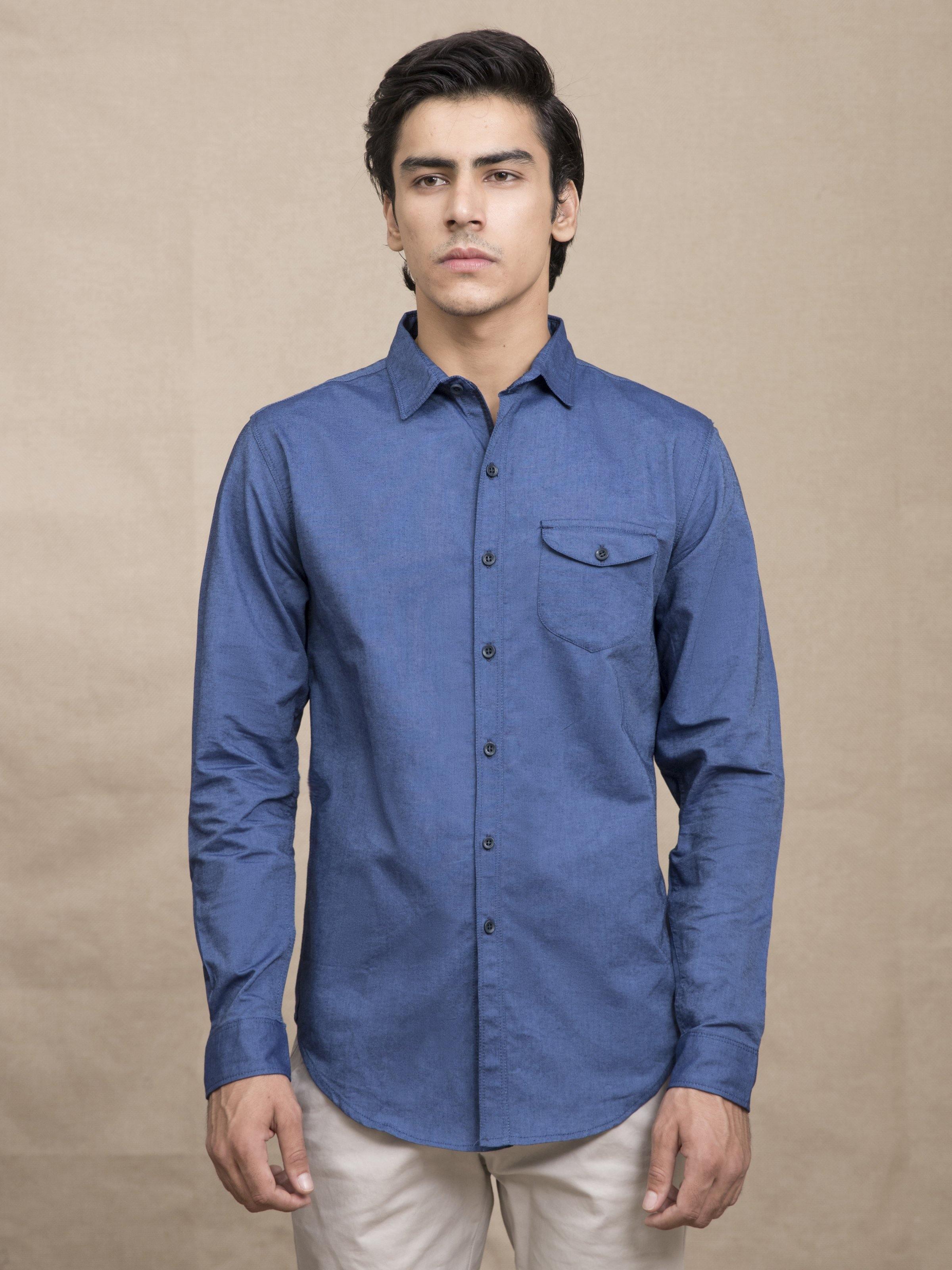Blue casual button-down shirt with chest pocket, long sleeves, front view