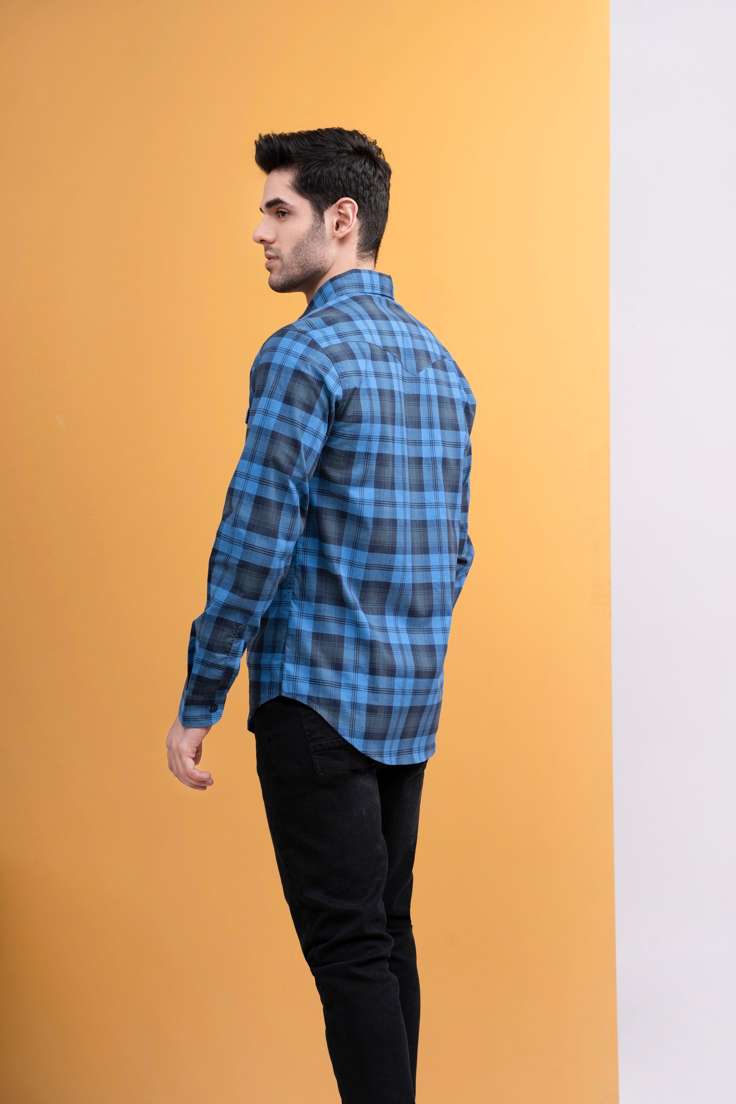 CASUAL SHIRT FRONT PANNEL DOUBLE POCKET BLUE CHECK at Charcoal Clothing