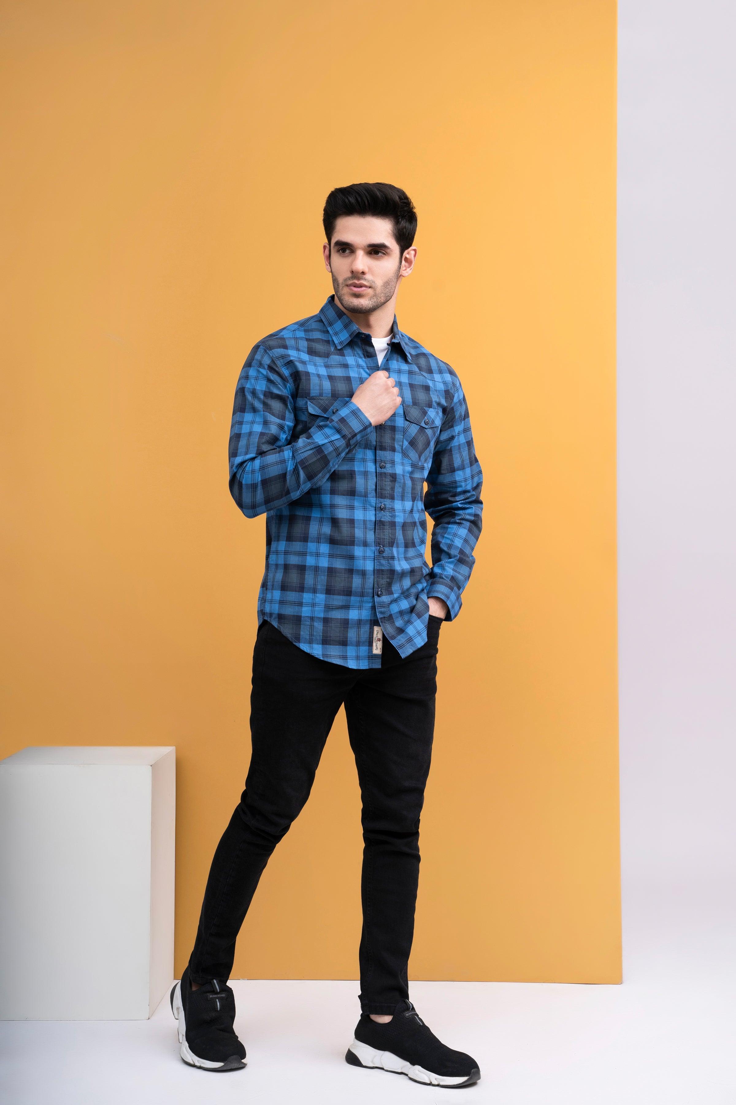 CASUAL SHIRT FRONT PANNEL DOUBLE POCKET BLUE CHECK at Charcoal Clothing