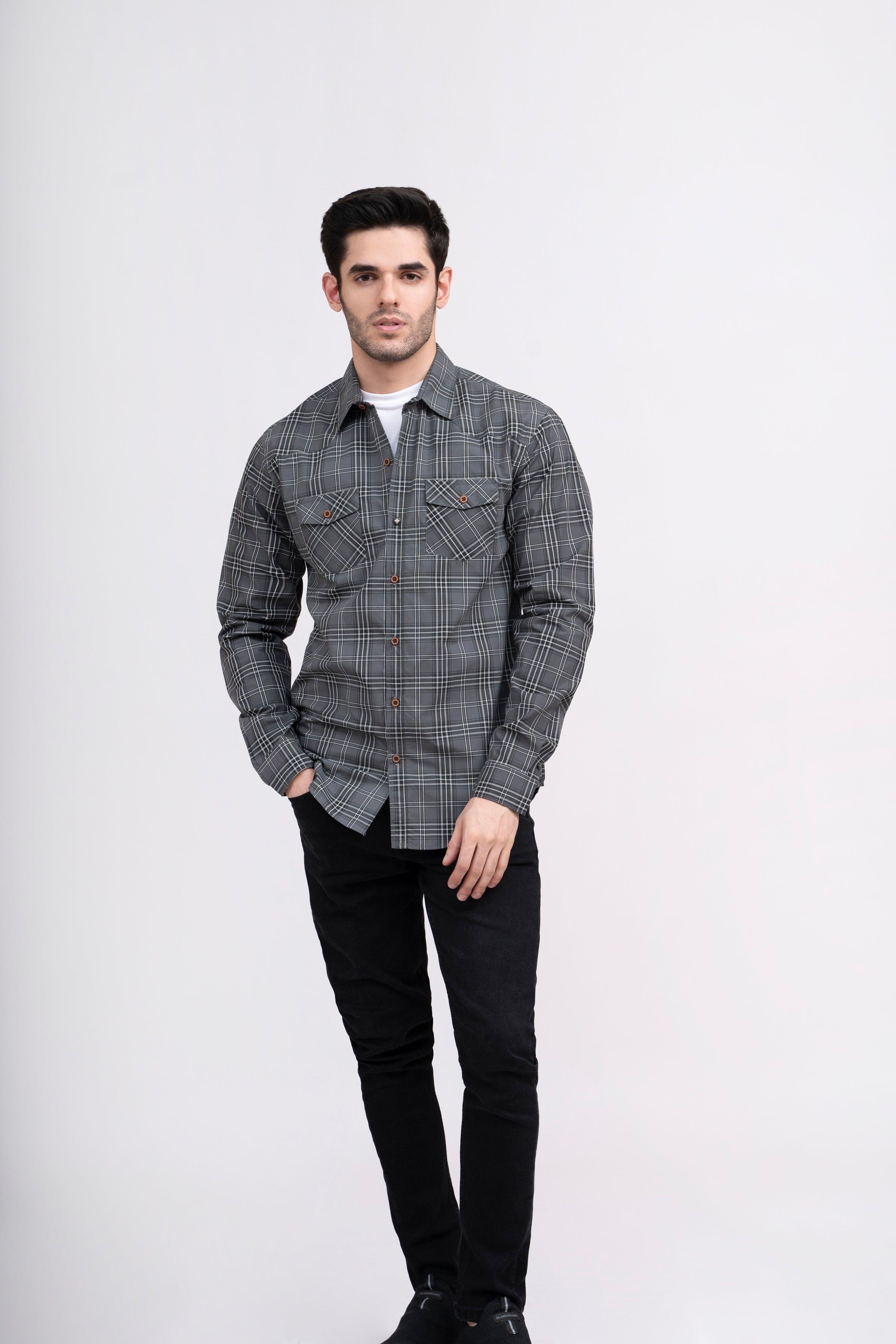 CASUAL SHIRT FRONT PANNEL DOUBLE POCKET GREY CHECK at Charcoal Clothing
