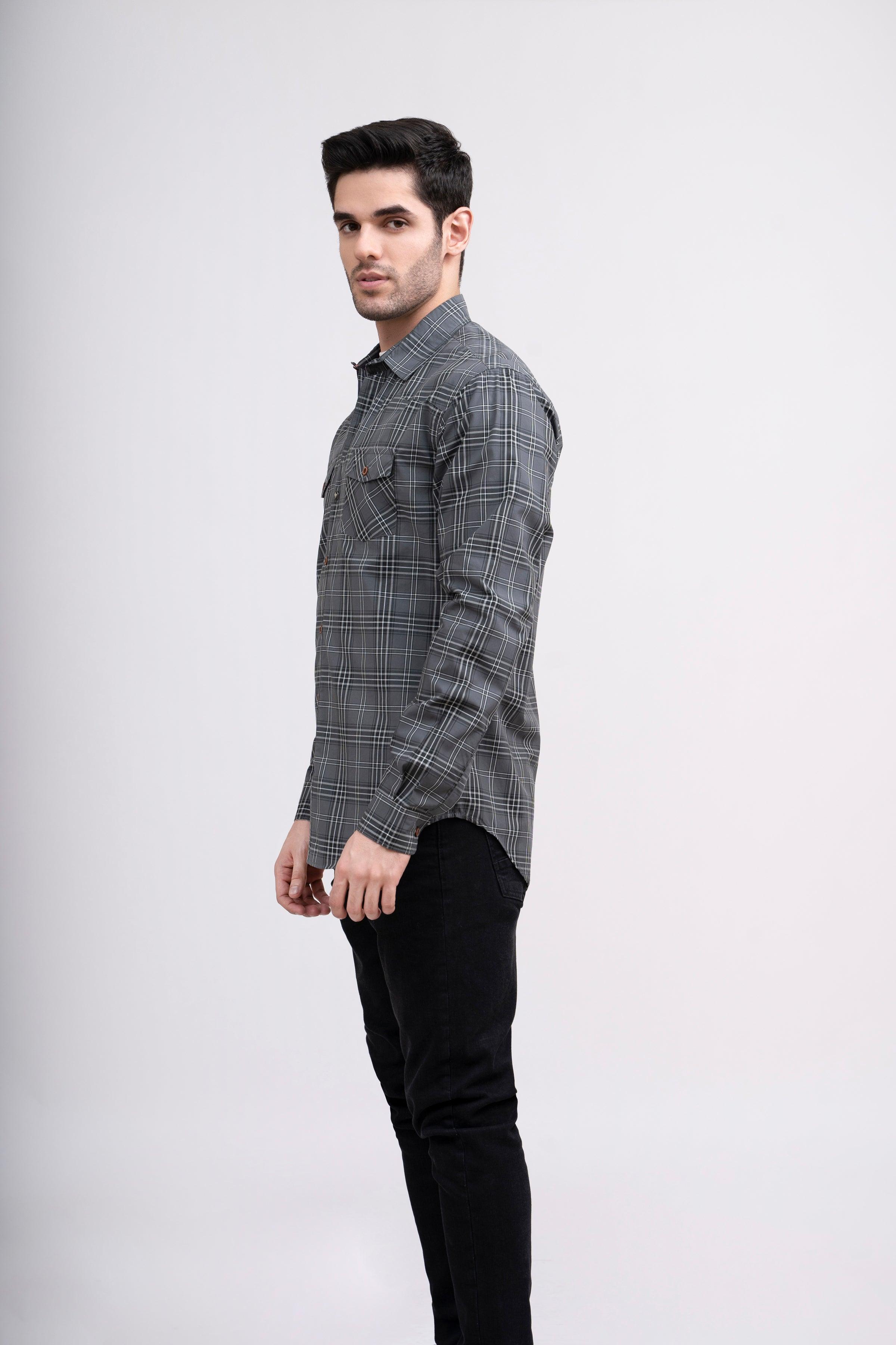 CASUAL SHIRT FRONT PANNEL DOUBLE POCKET GREY CHECK at Charcoal Clothing