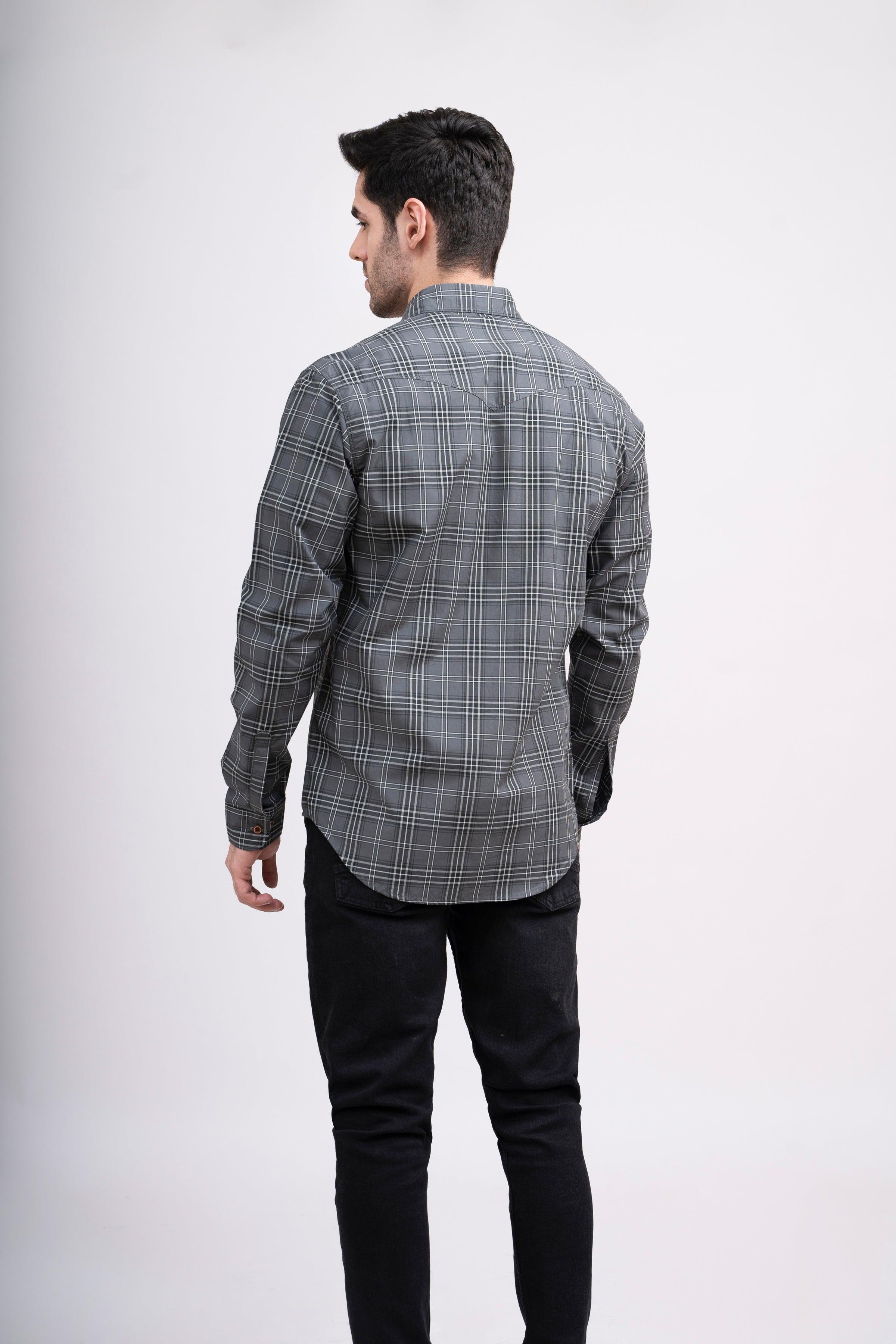 CASUAL SHIRT FRONT PANNEL DOUBLE POCKET GREY CHECK at Charcoal Clothing