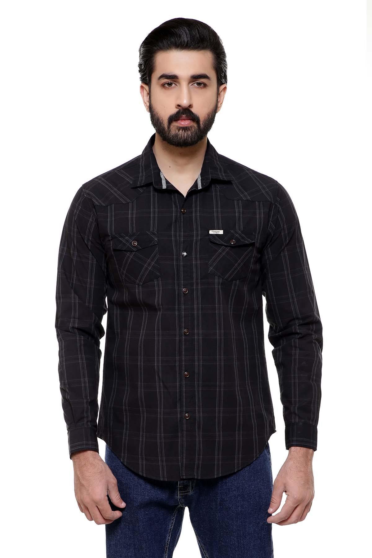 CASUAL SHIRT FULL SLEEVE BLACK CHECK SLIM FIT at Charcoal Clothing