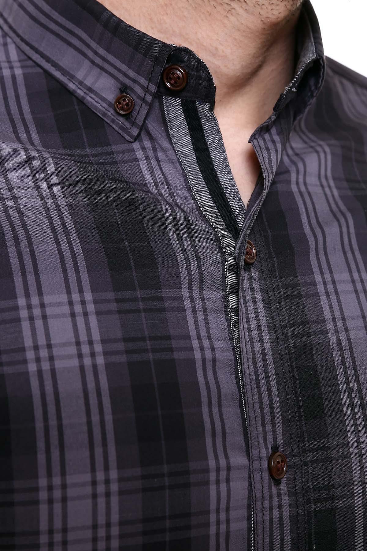 Black-and-grey plaid shirt collar with button placket and brown buttons