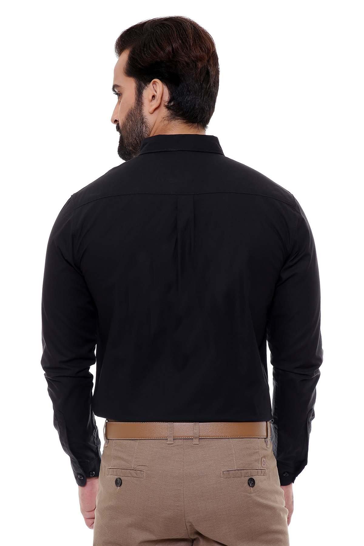Slim-fit black button-up shirt from back view, long sleeves and collar visible.