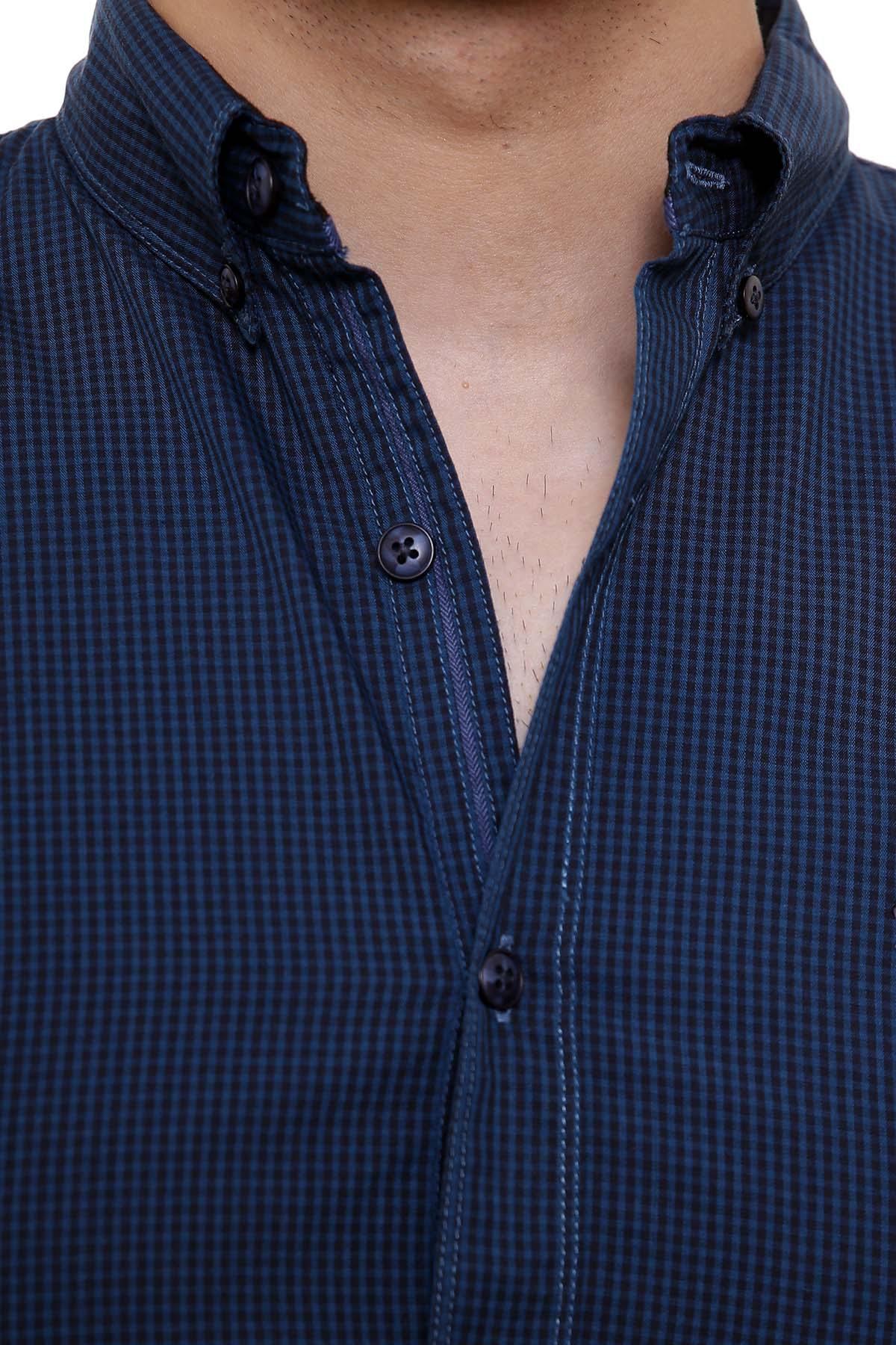 Blue check casual shirt close-up: button placket and pointed collar