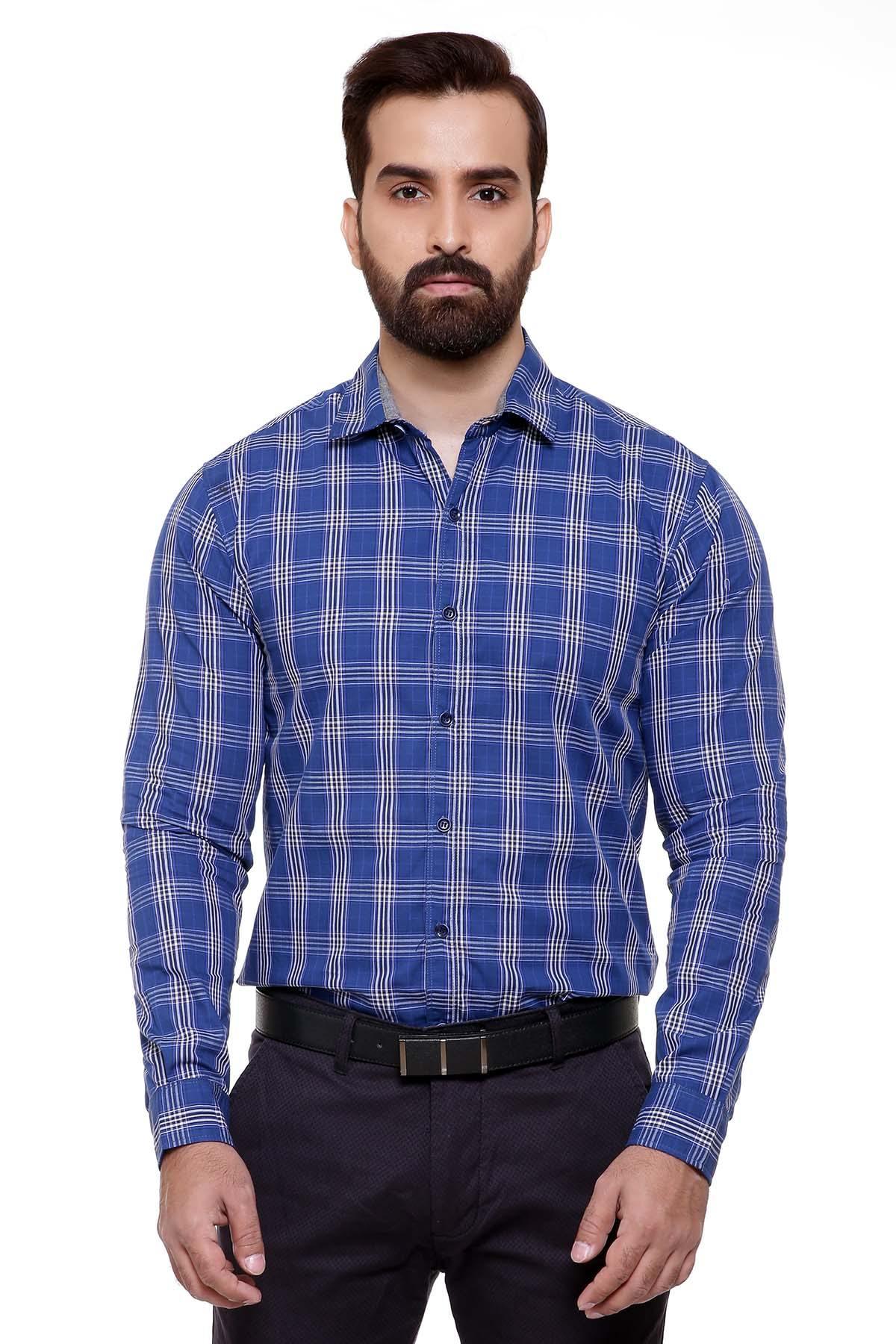 Slim-fit blue check full-sleeve casual shirt with button-down collar
