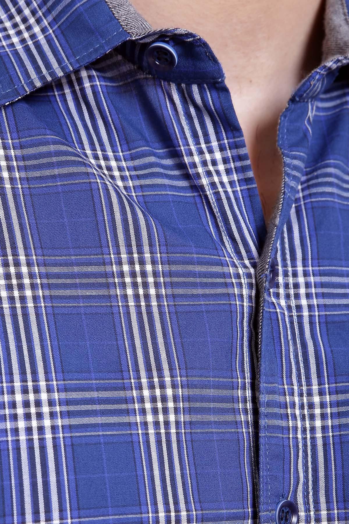 Blue and white check shirt close-up: stand collar and button placket