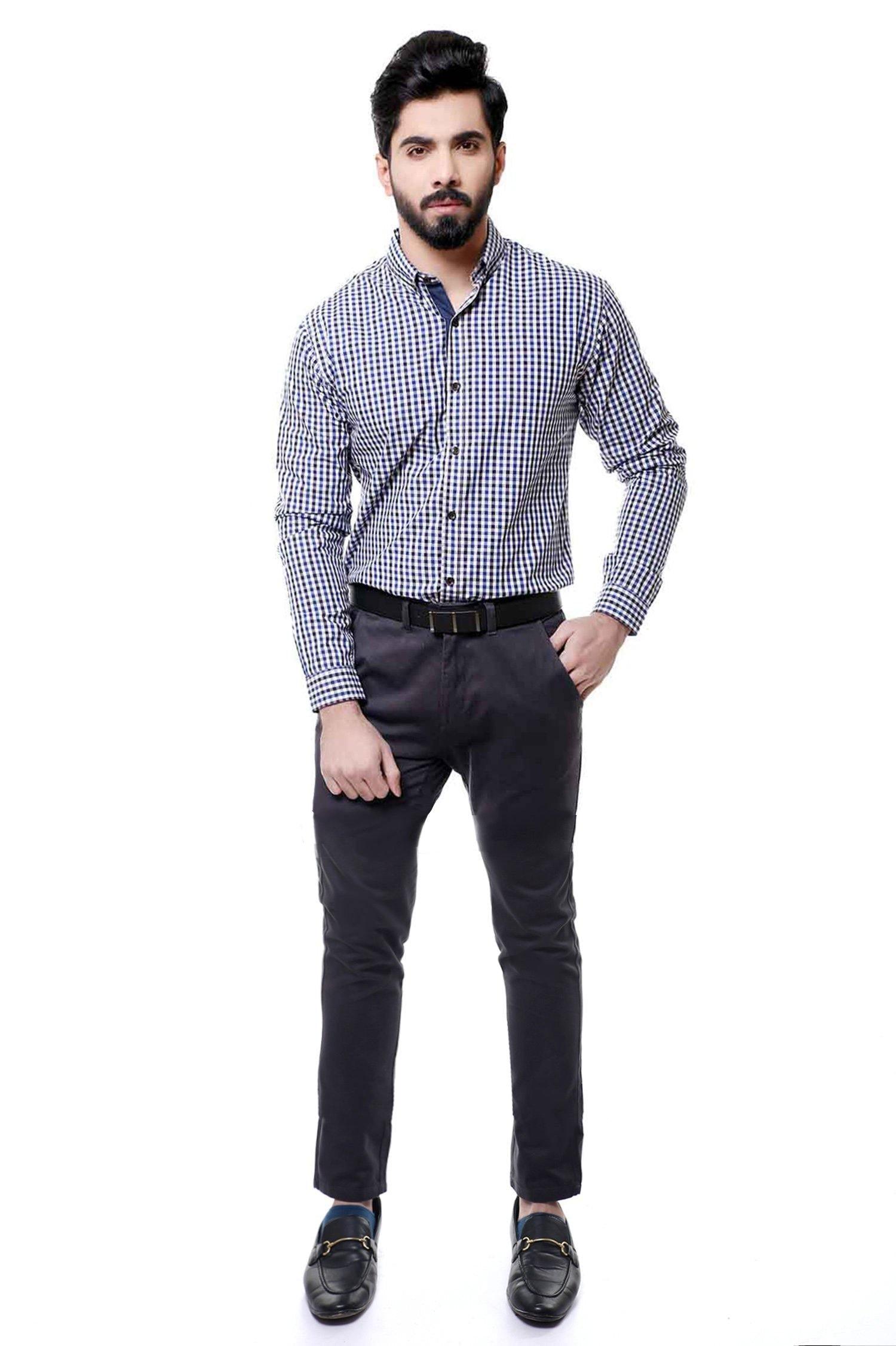 Blue check casual full-sleeve button shirt with pointed collar