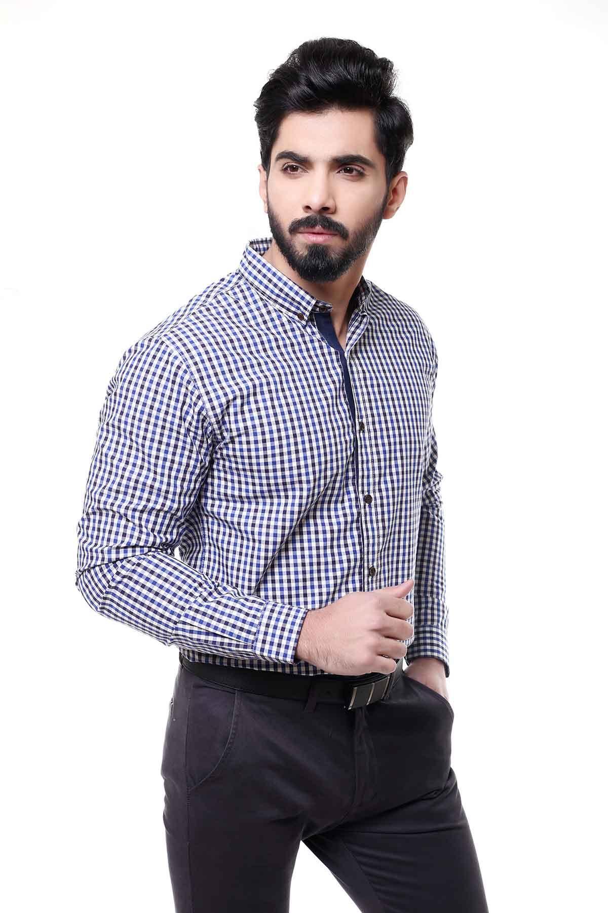 Blue check casual full-sleeve button shirt, long sleeves and front placket