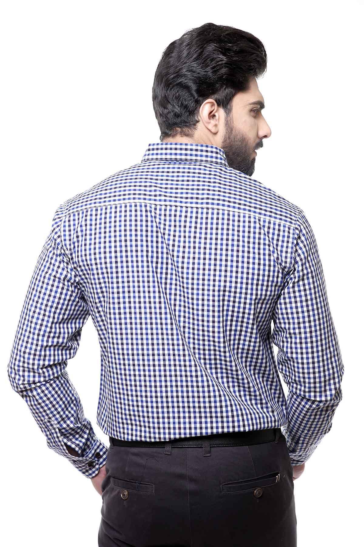 Blue check casual full-sleeve shirt, back view with yoke and long sleeves