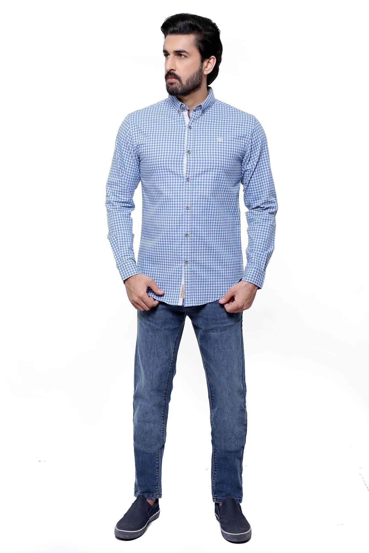Blue-grey check casual full-sleeve button shirt with buttoned collar