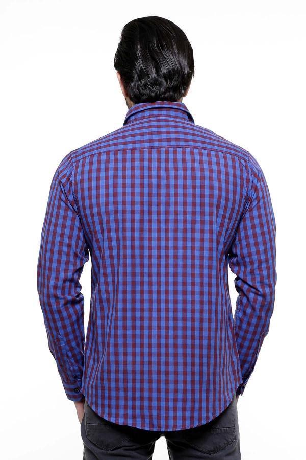 Men's full-sleeve checkered casual shirt, blue and maroon, back view