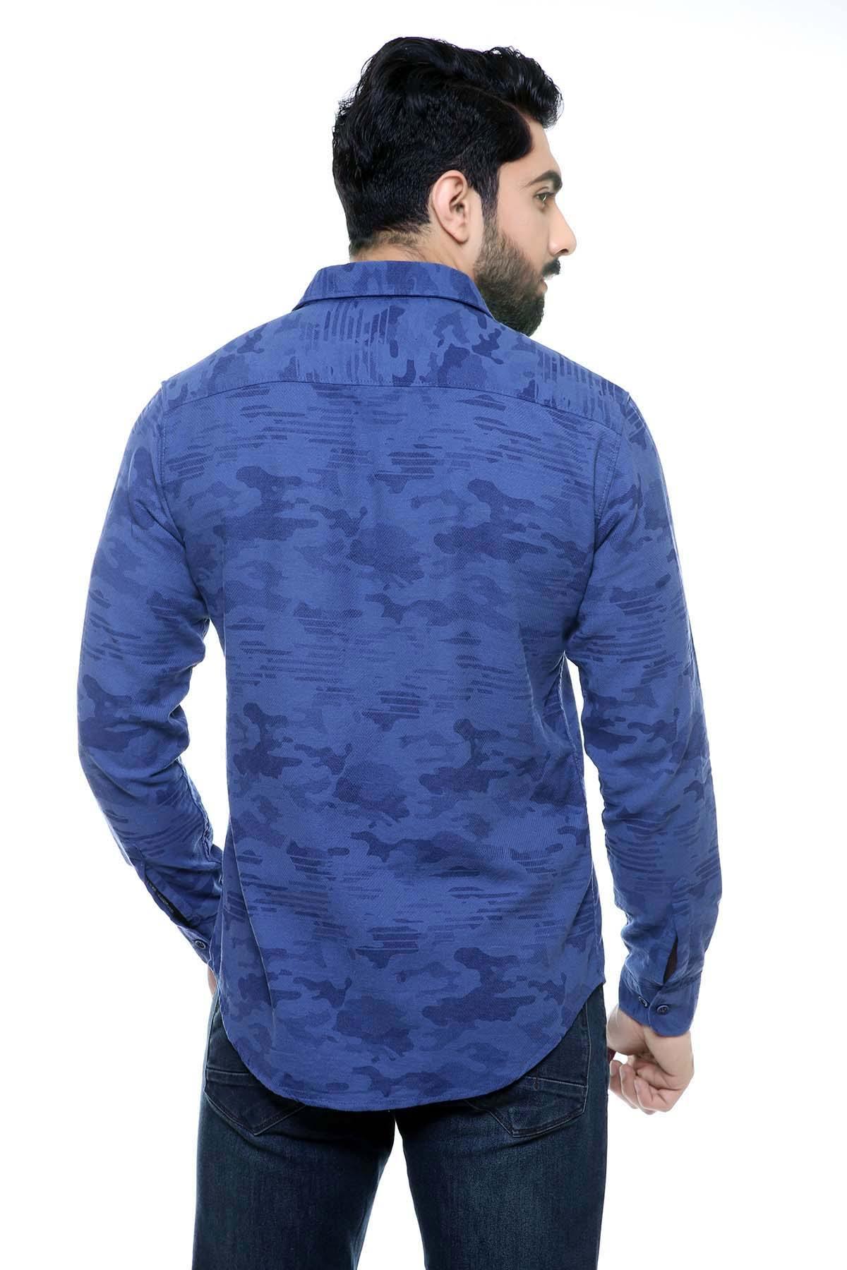 Back view of slim-fit blue camo button-up shirt with long sleeves