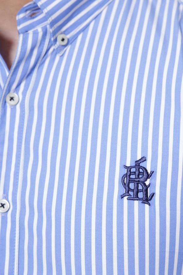 Men's striped shirt detail, button-down collar, blue/white stripes, chest emblem