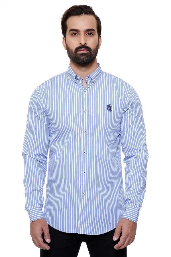 Men's slim-fit casual shirt, blue/white vertical stripes, long sleeve button front