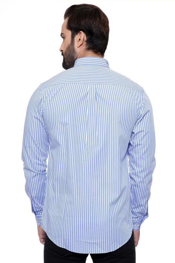 Men's slim-fit casual shirt, blue/white vertical stripes, back view, long sleeves