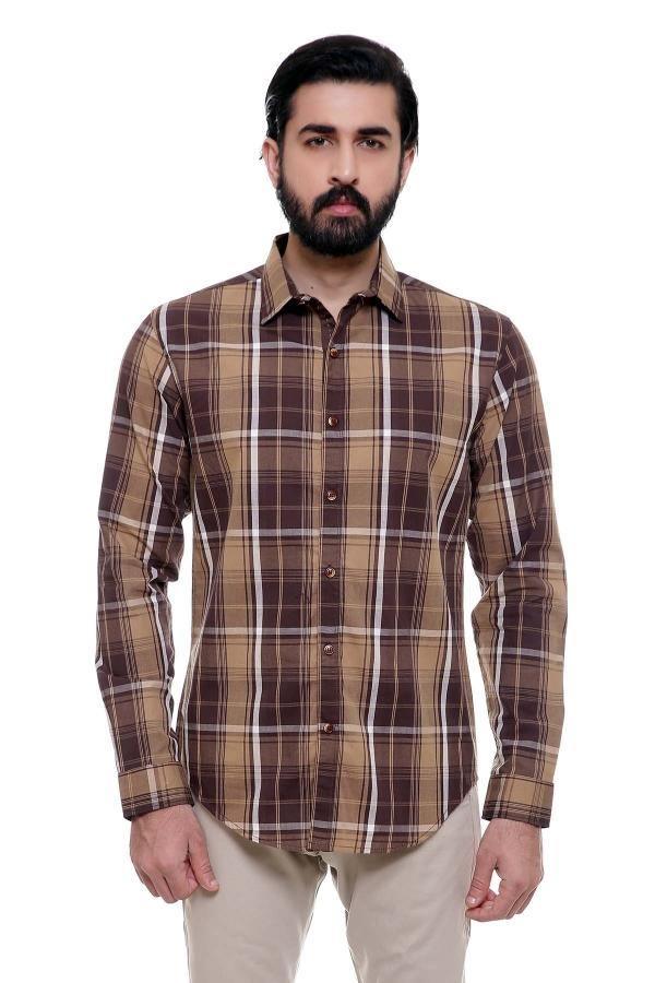 CASUAL SHIRT FULL SLEEVE BROWN CHECK SLIM FIT at Charcoal Clothing