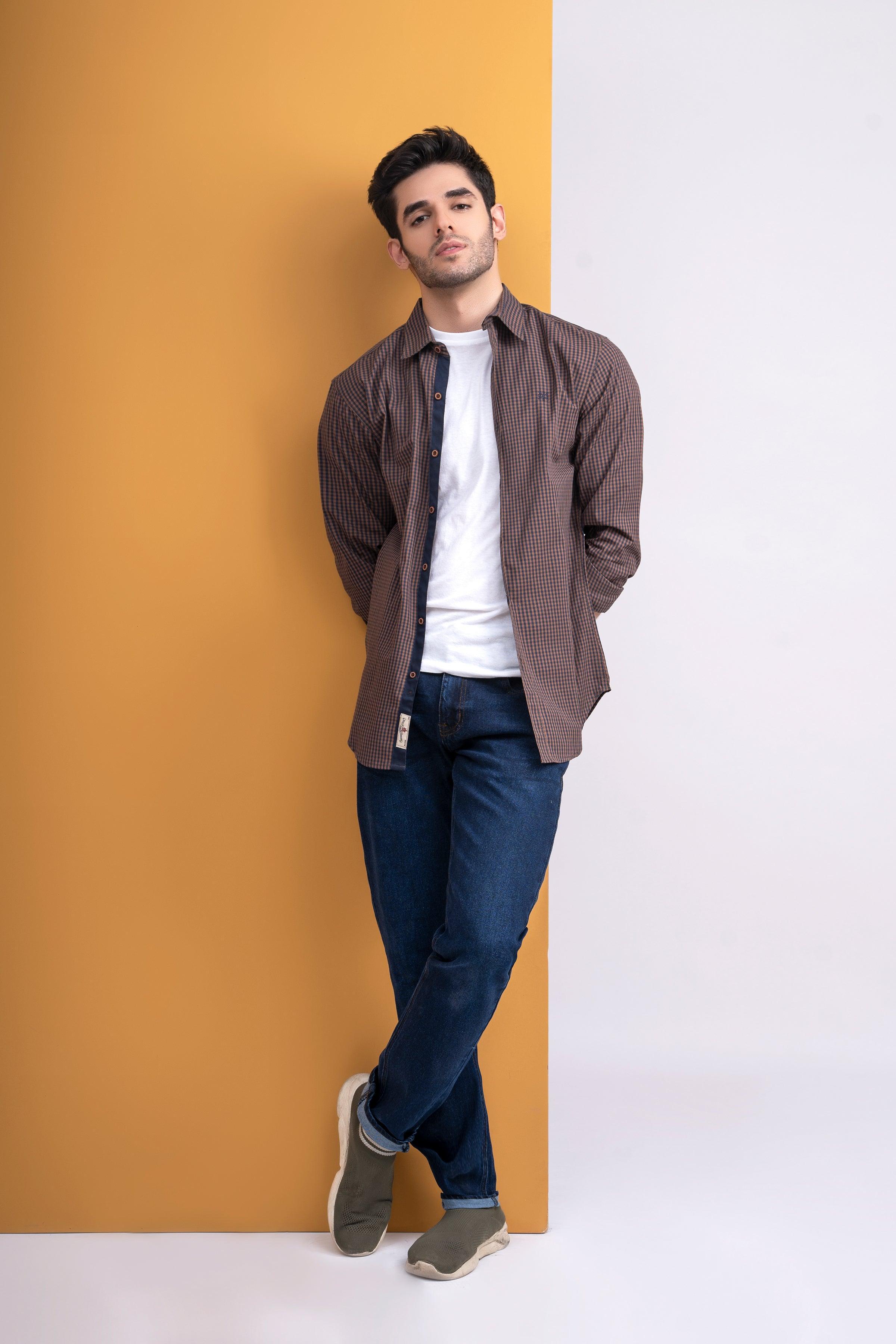 CASUAL SHIRT FULL SLEEVE BROWN NAVY MINI CHECK at Charcoal Clothing