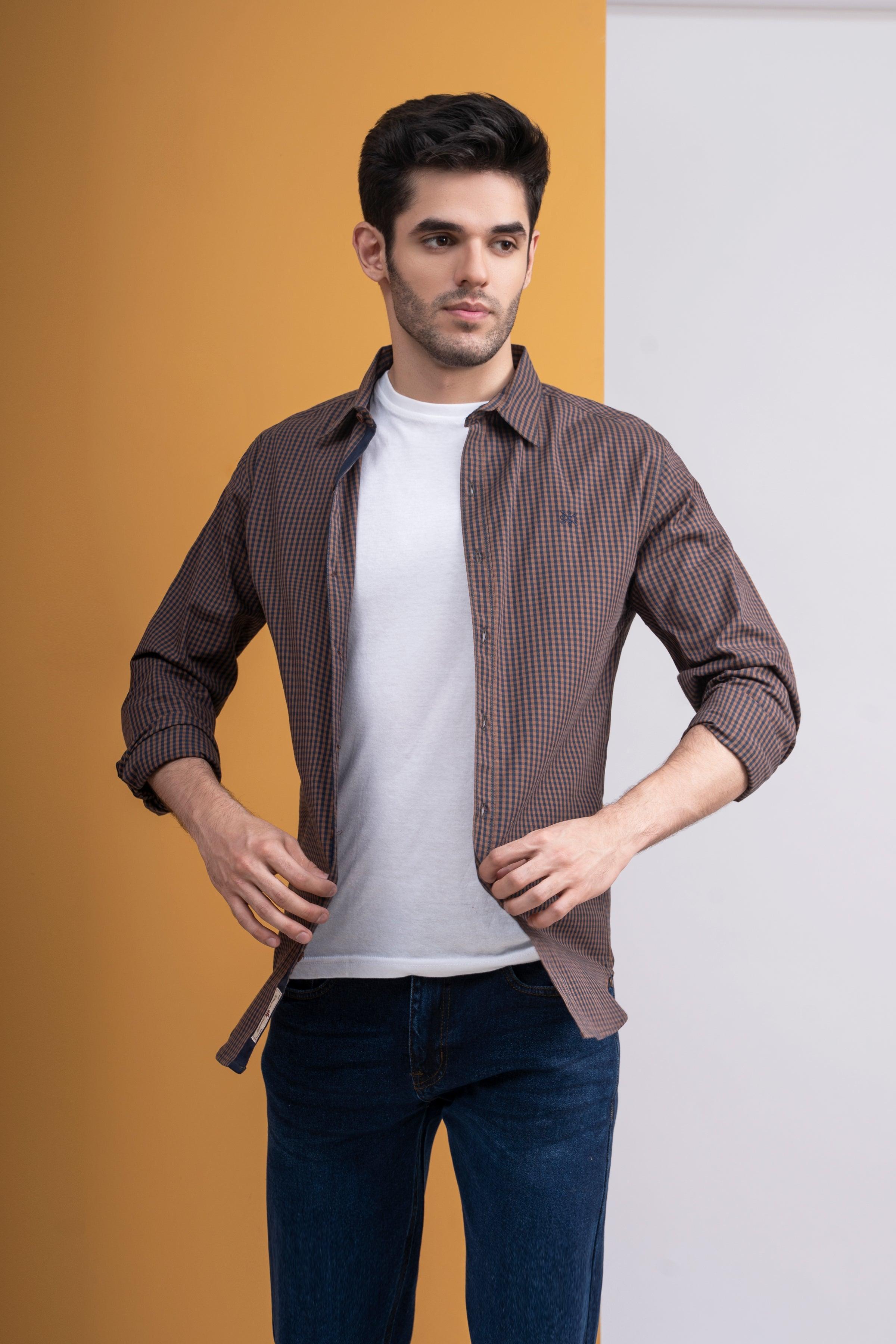 CASUAL SHIRT FULL SLEEVE BROWN NAVY MINI CHECK at Charcoal Clothing