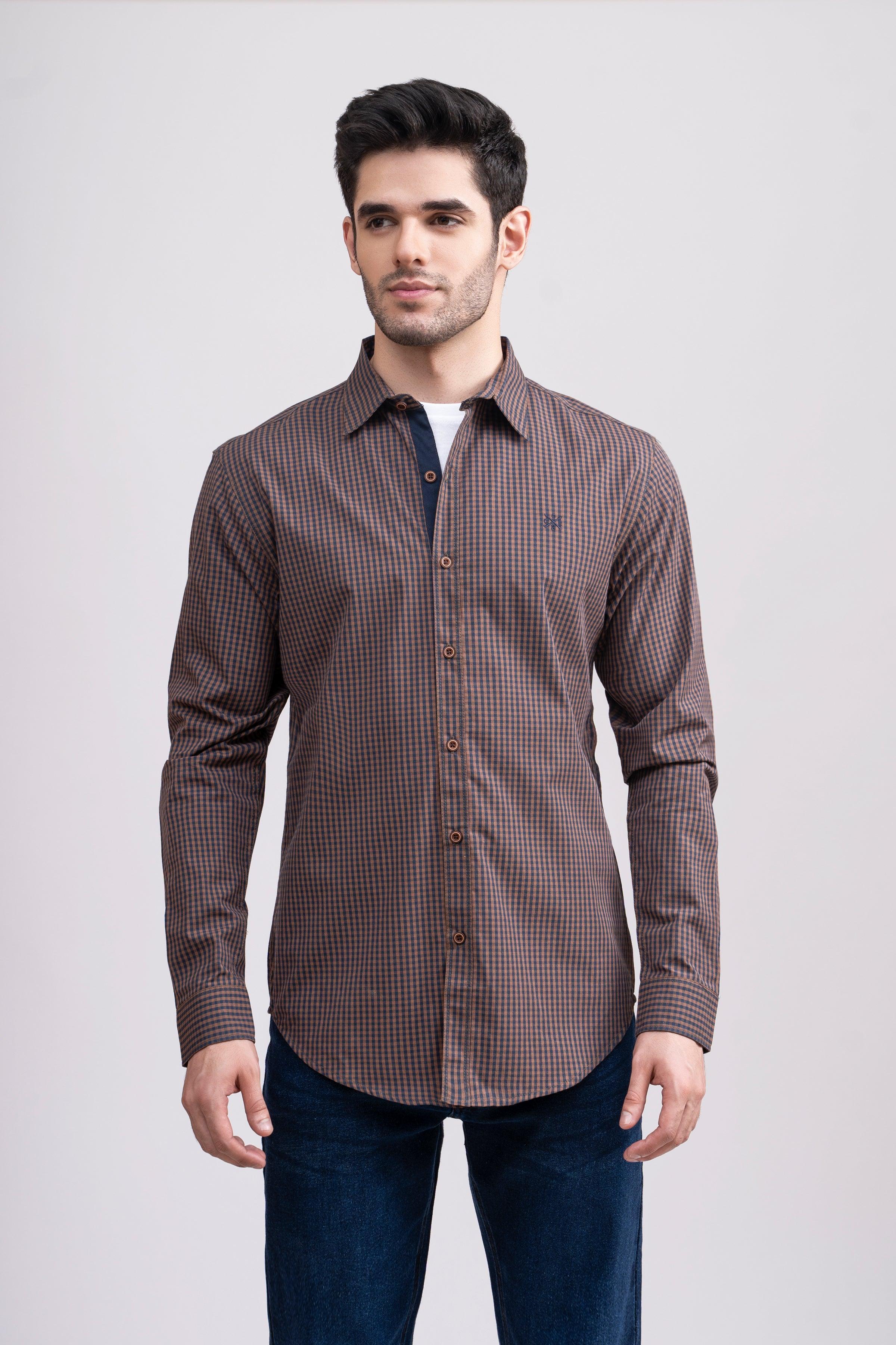 CASUAL SHIRT FULL SLEEVE BROWN NAVY MINI CHECK at Charcoal Clothing