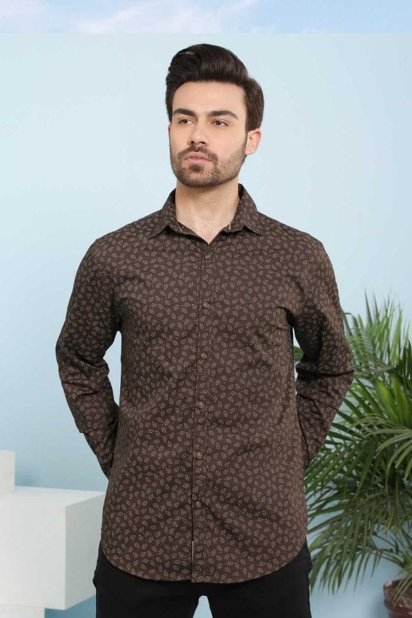 Brown patterned casual full-sleeve shirt with button-down collar and chest pocket