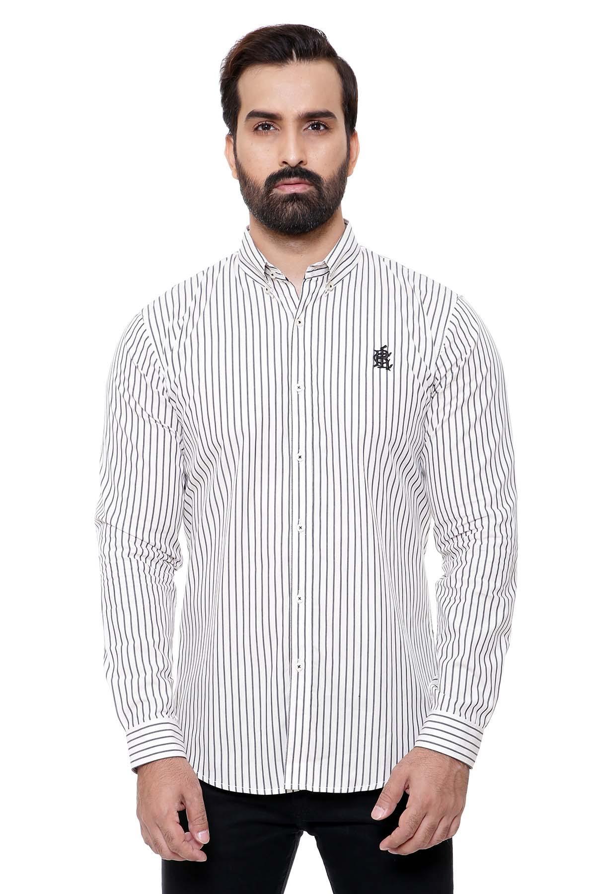 Striped slim-fit full-sleeve casual shirt with button-down front