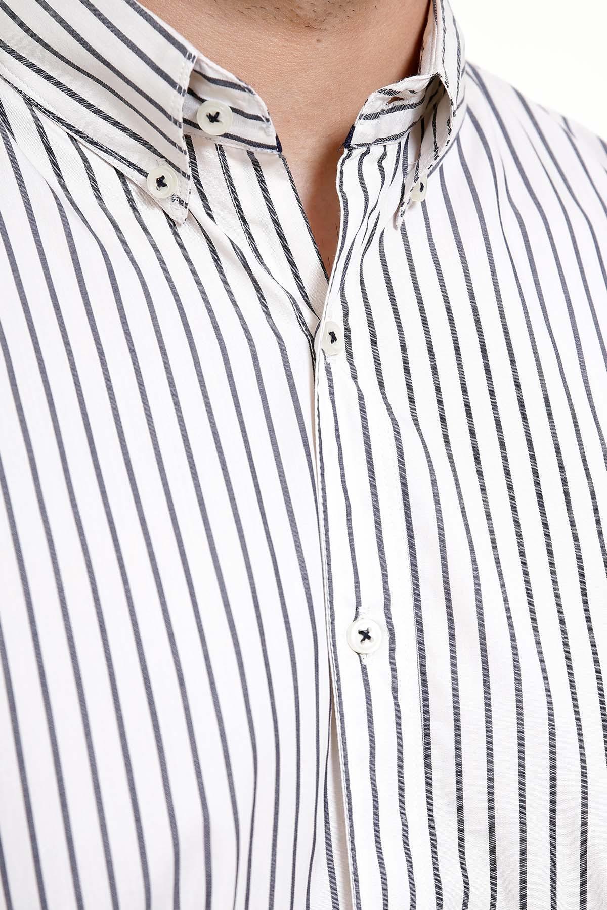 Striped button-down collar on full-sleeve casual shirt, chest placket
