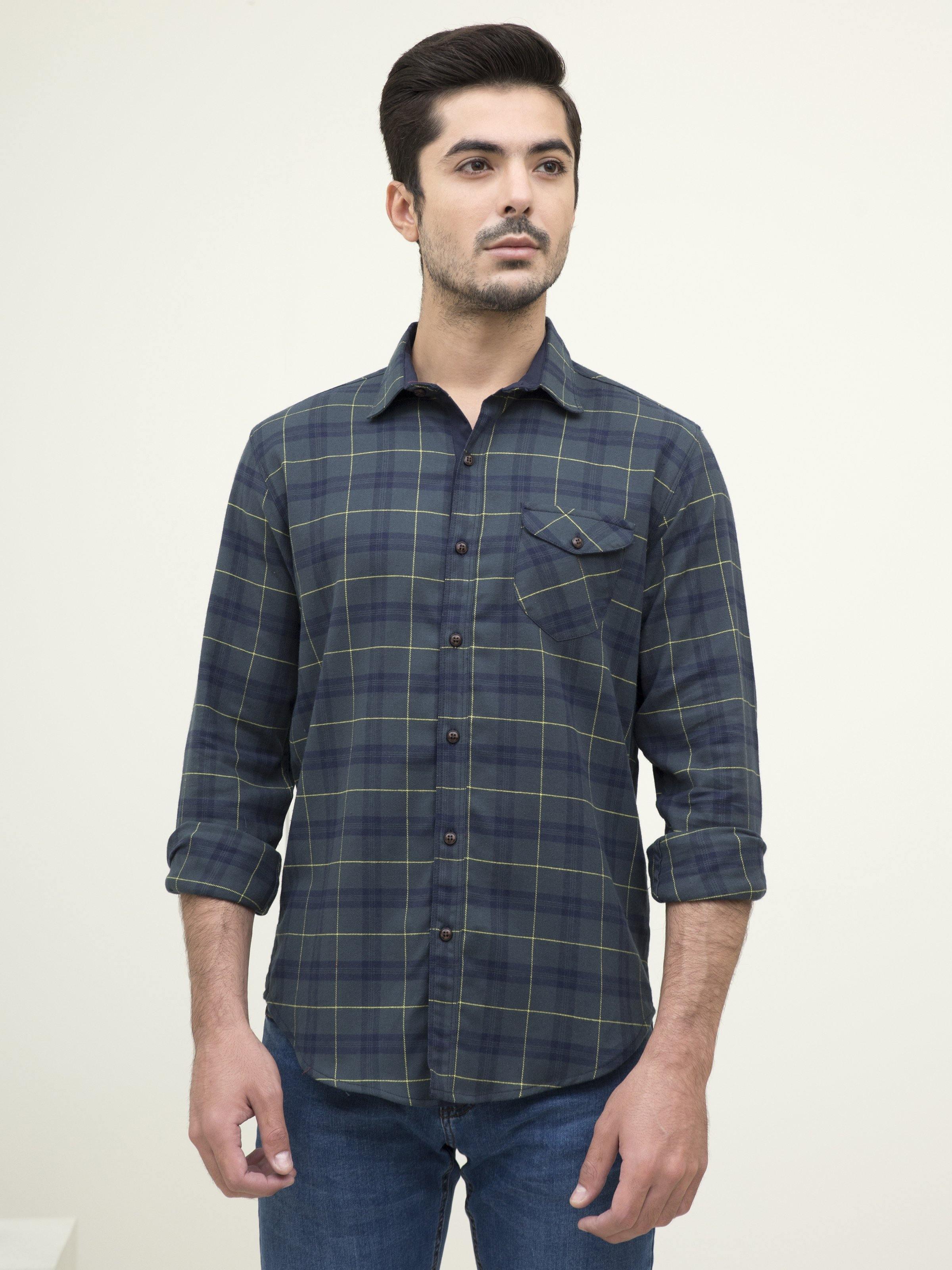 Men's full-sleeve check shirt in dark blue with green lines, button-front and pocket