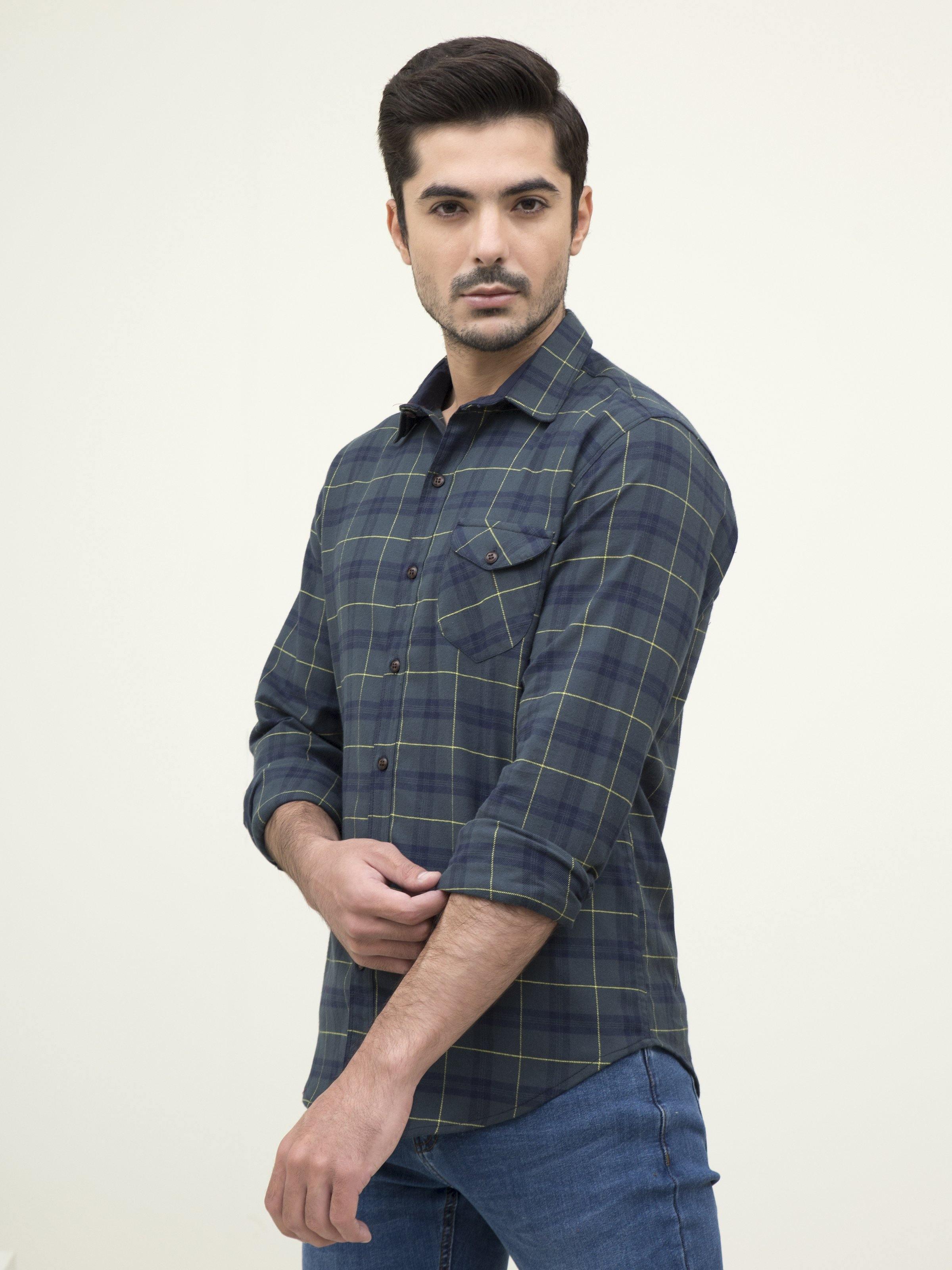 Men's full-sleeve plaid shirt, dark blue with green check lines and chest pocket