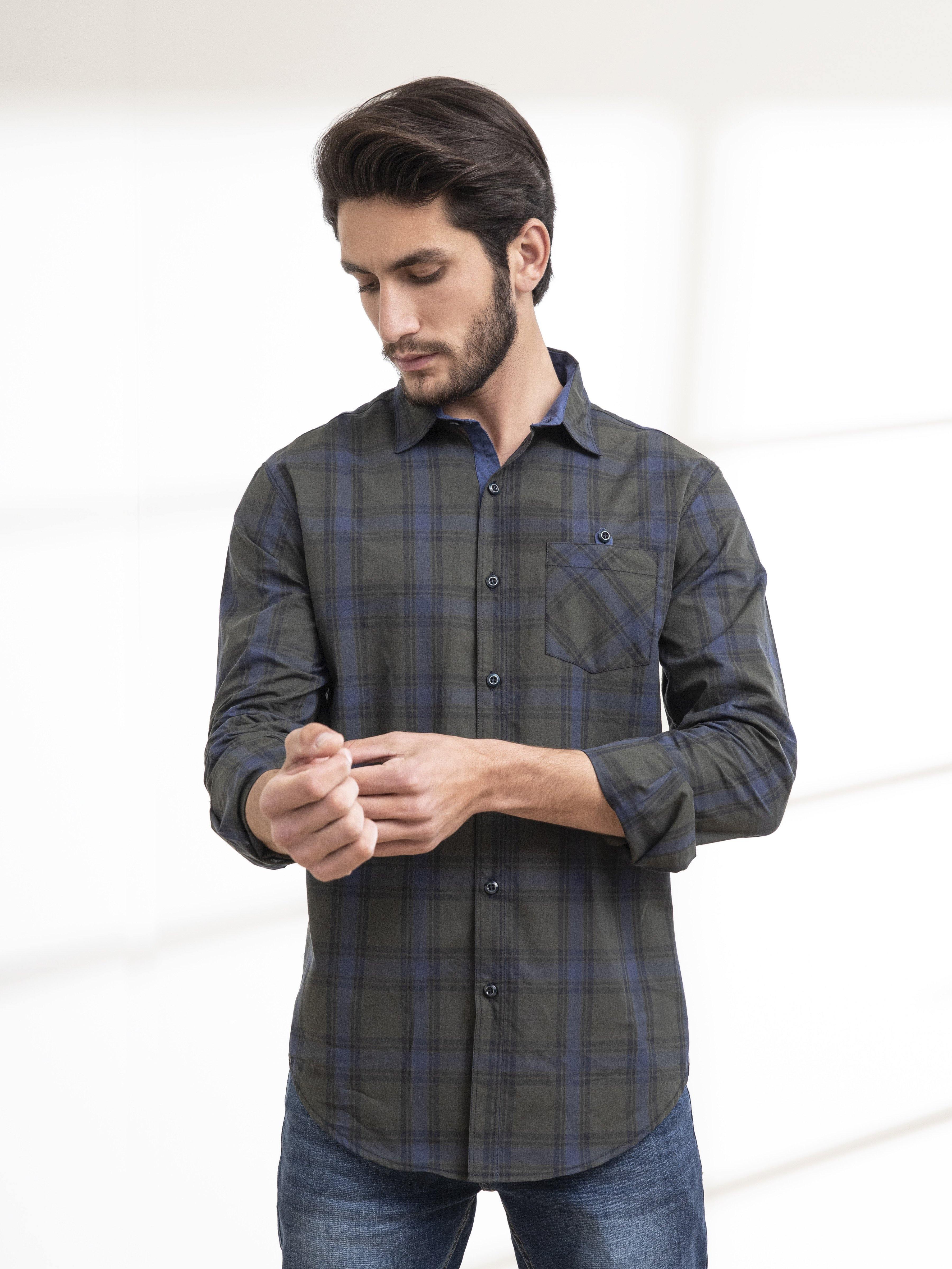 Men's dark green plaid full-sleeve casual shirt with pointed collar and chest pocket
