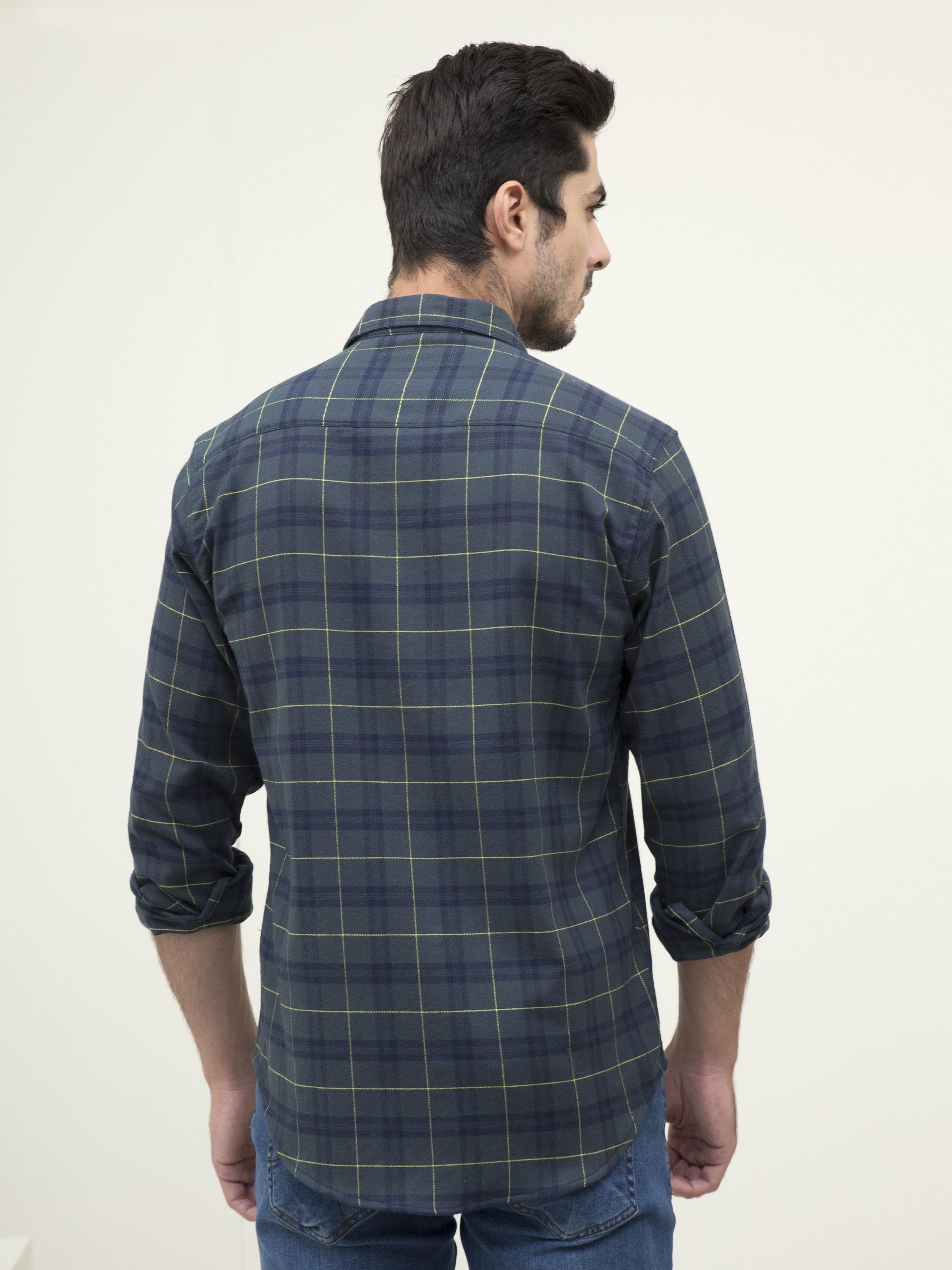 Men's full-sleeve plaid shirt, dark blue with green check pattern, back view