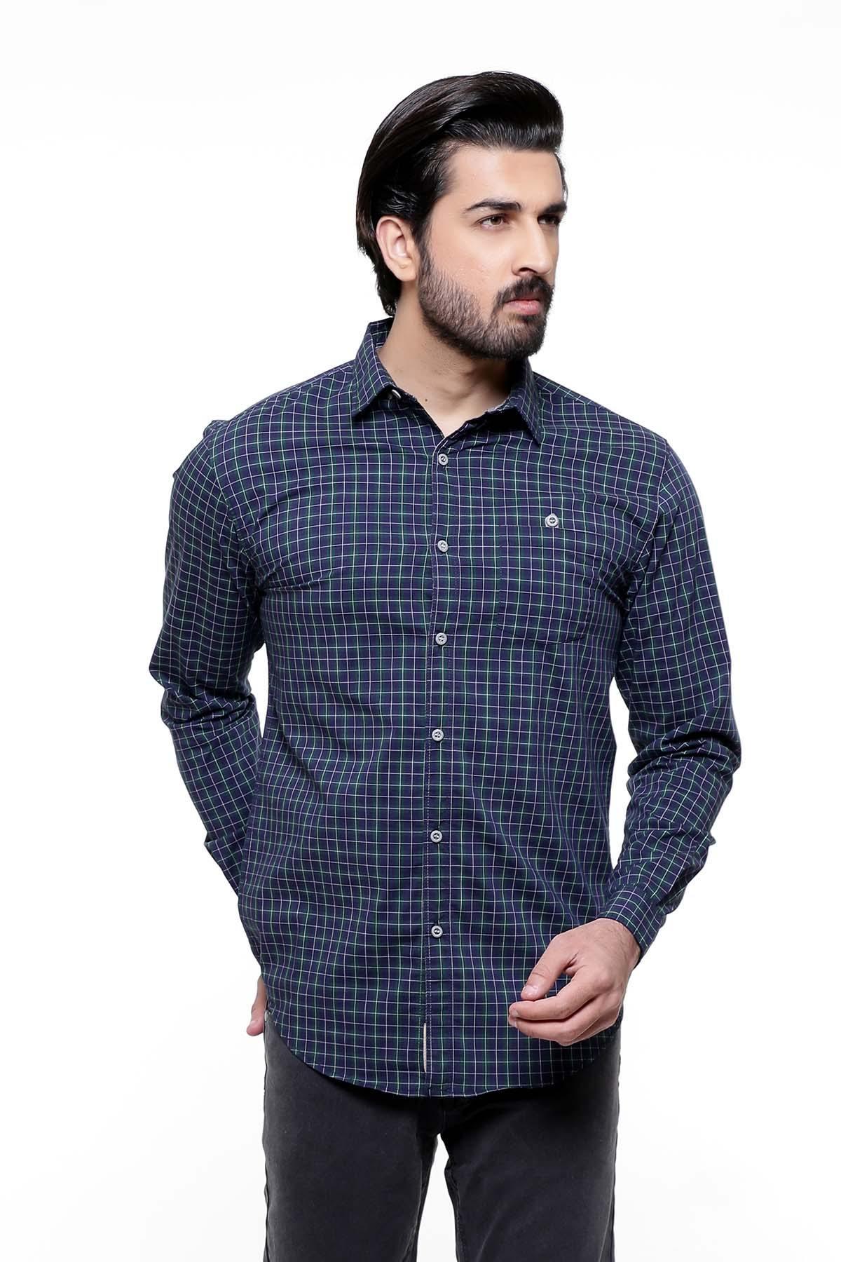 Men's casual full-sleeve button-up shirt, dark navy with green check pattern, collar