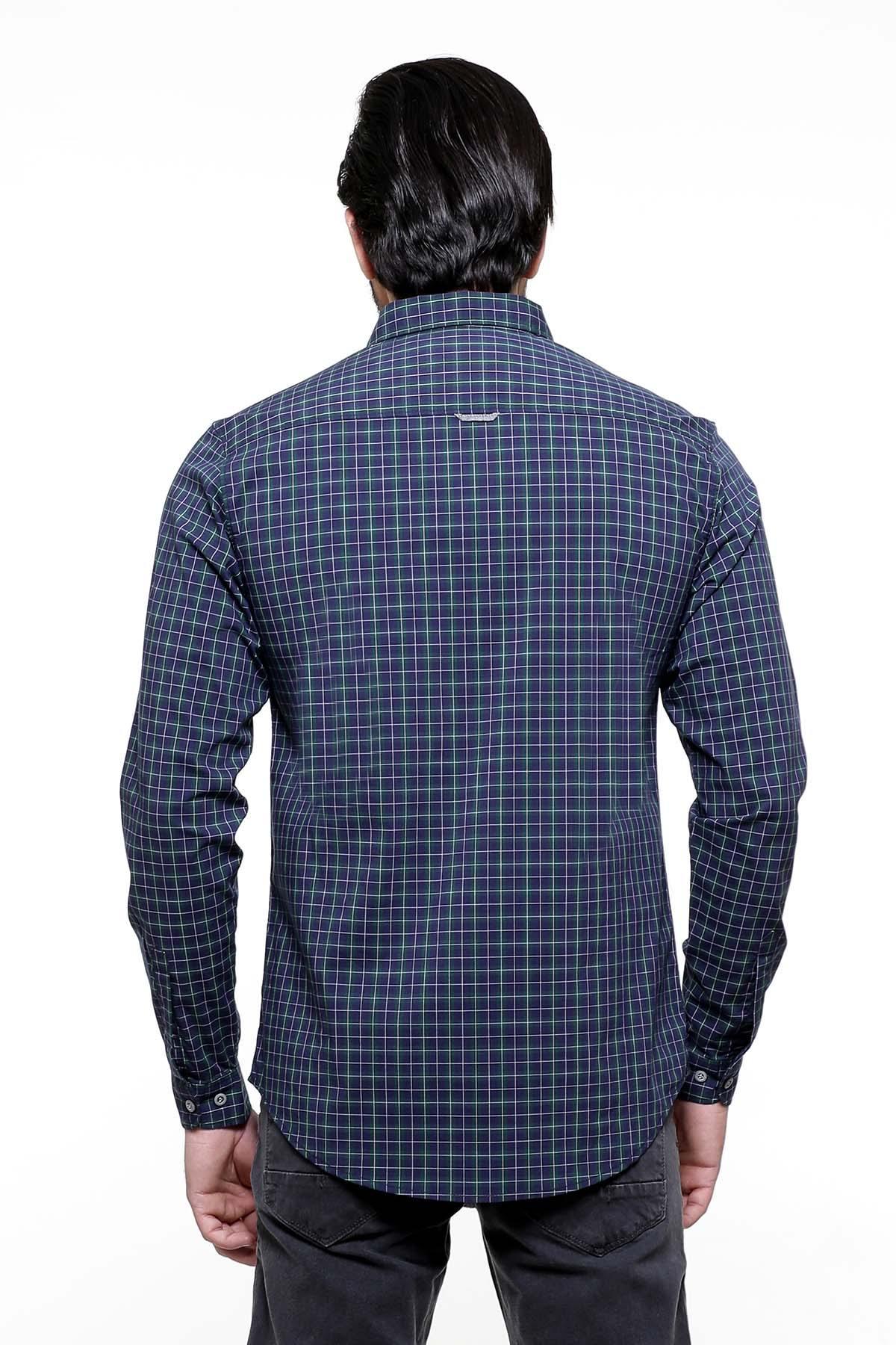 Men's casual full-sleeve button-up shirt, dark navy with green check pattern, back
