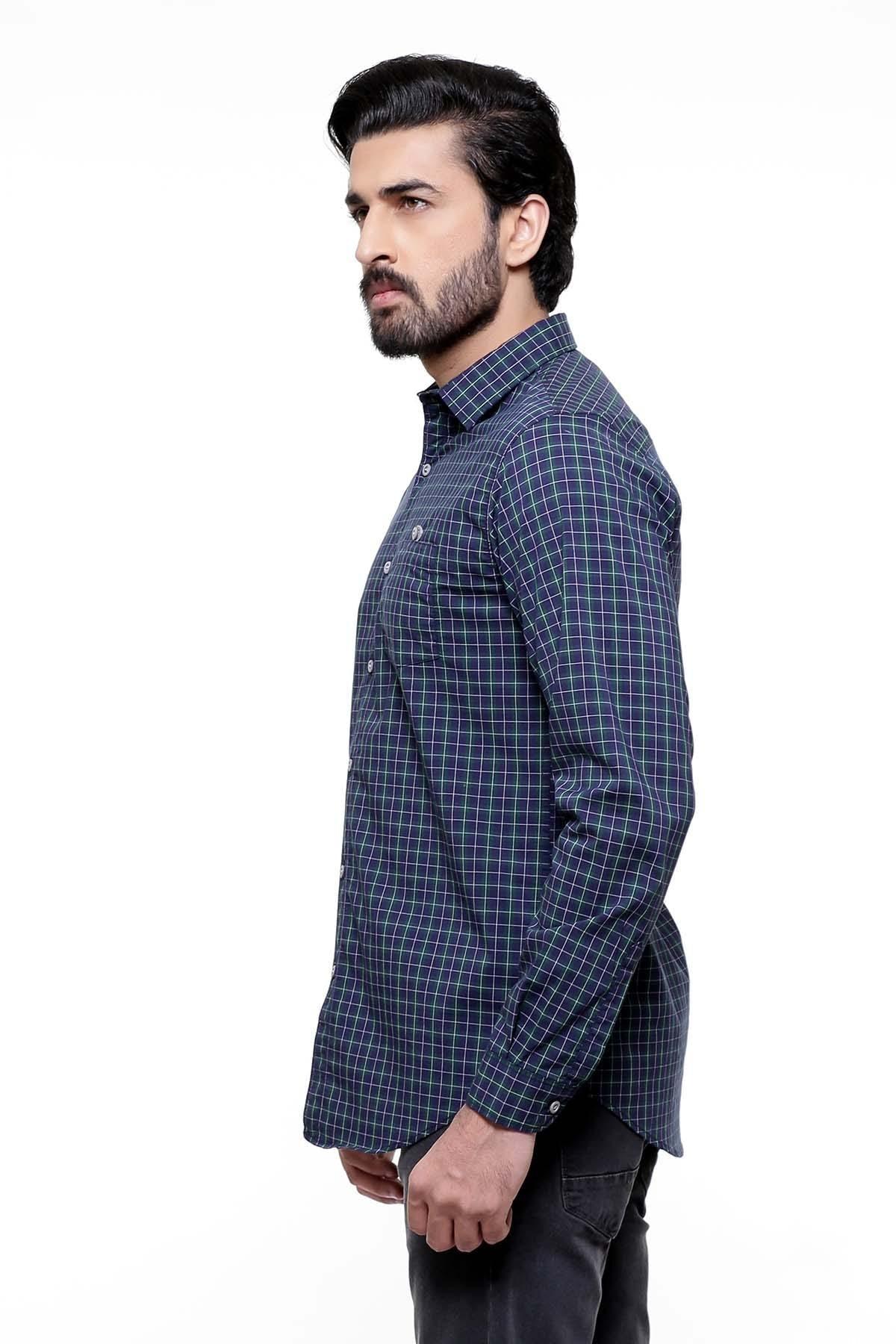 Men's casual full-sleeve button-up shirt, dark navy with green check pattern