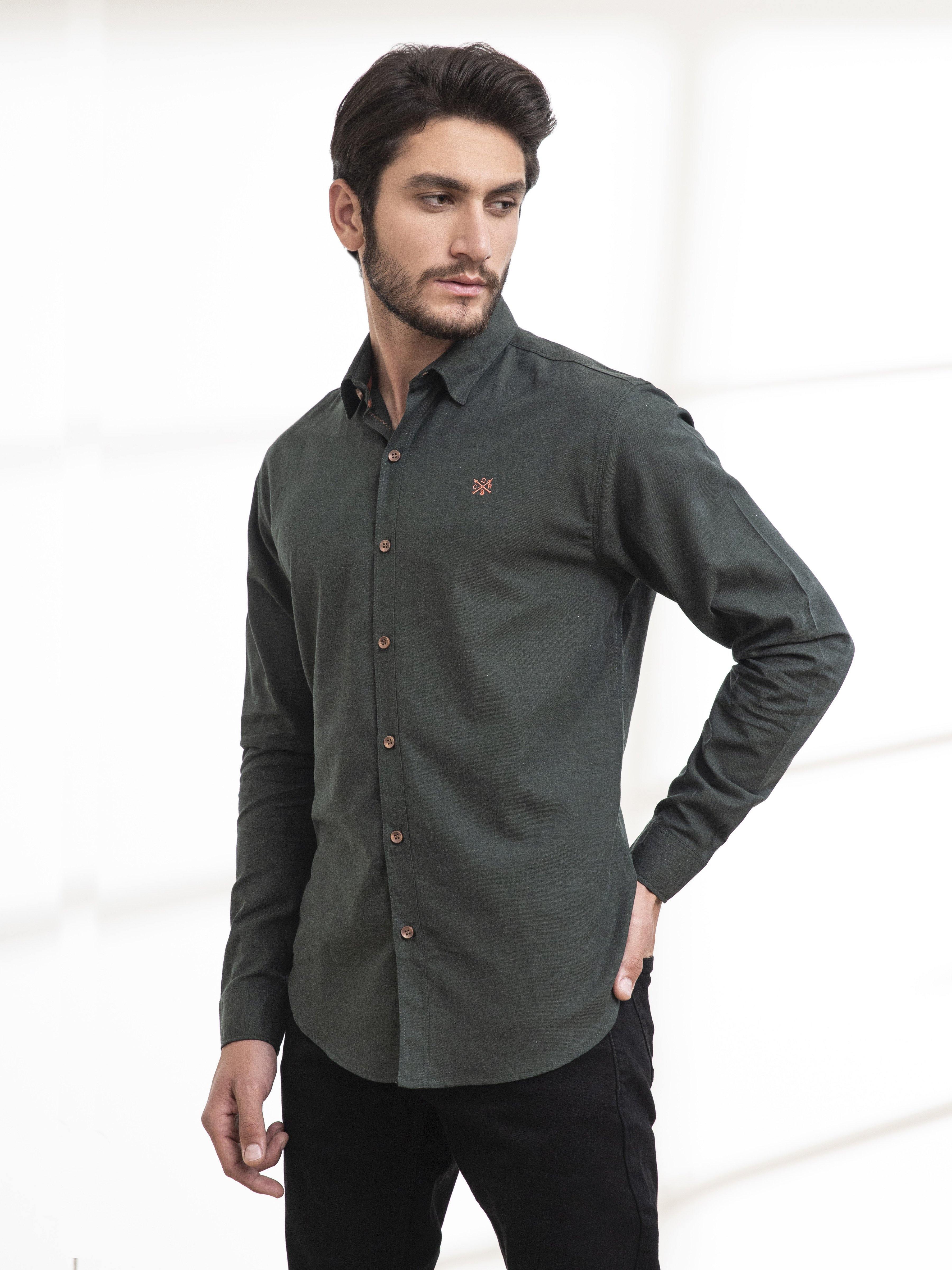 Men's casual full-sleeve dark green button-up shirt with chest logo