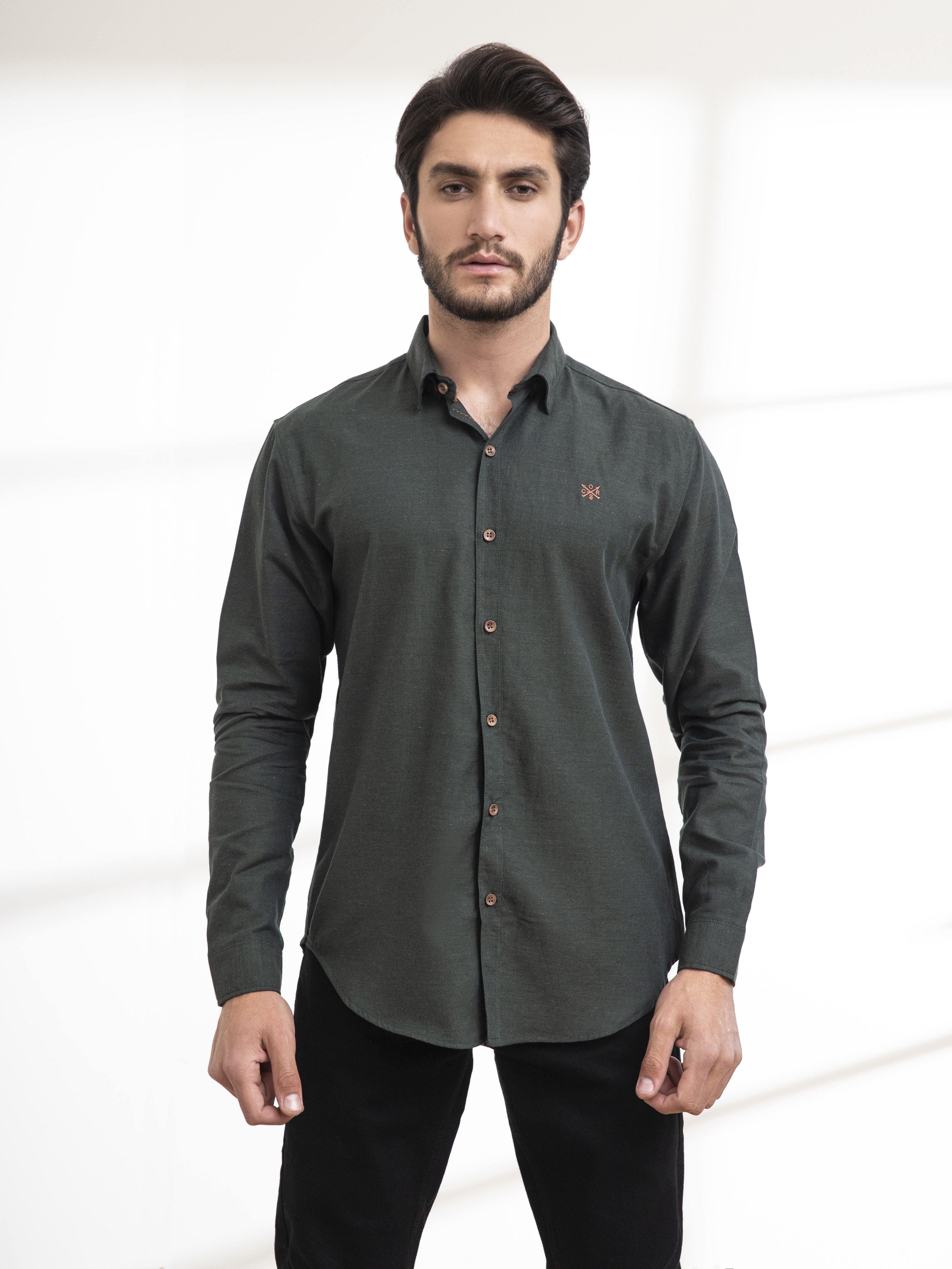 Men's casual full-sleeve dark green button-up shirt, long sleeves, chest logo