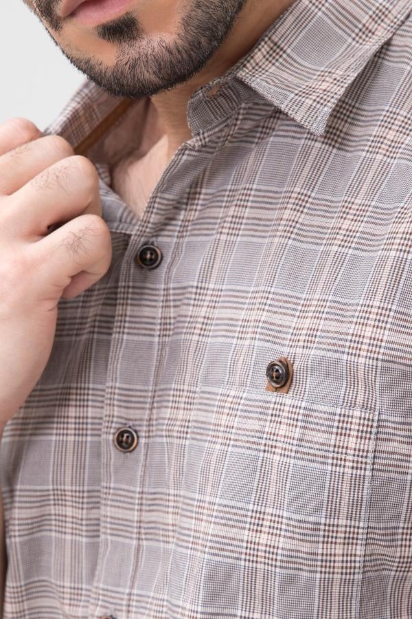 Men's grey check casual shirt close-up: button front and point collar