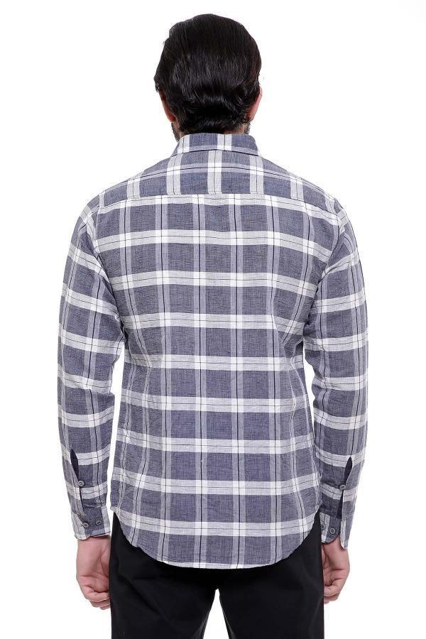 Slim-fit grey plaid check shirt with long sleeves, back view