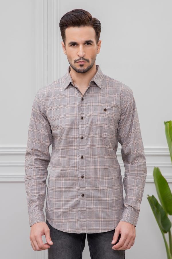 Men's slim-fit grey check full-sleeve casual shirt with button front