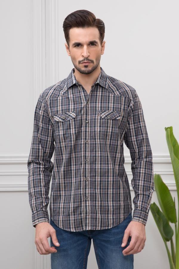 Grey check long-sleeve casual shirt with button front and two chest pockets