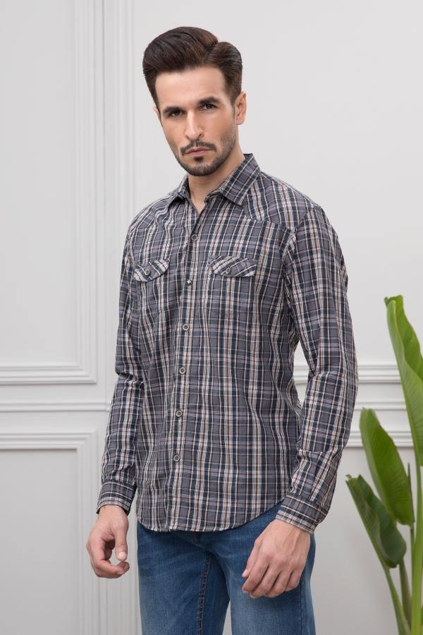 Grey check long-sleeve casual shirt with button placket and chest pocket, side view