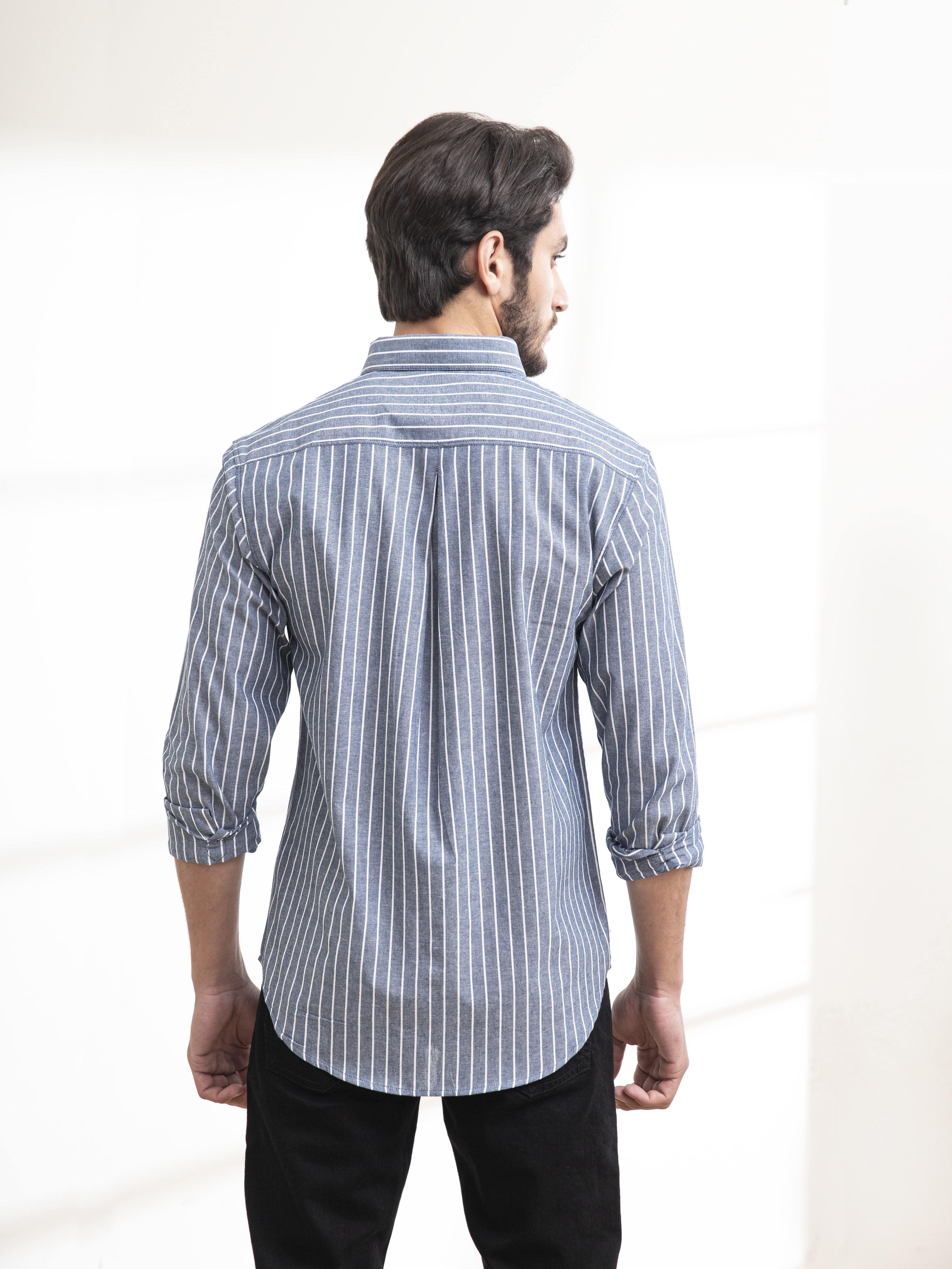 Grey striped casual button-up shirt, back view with full sleeves