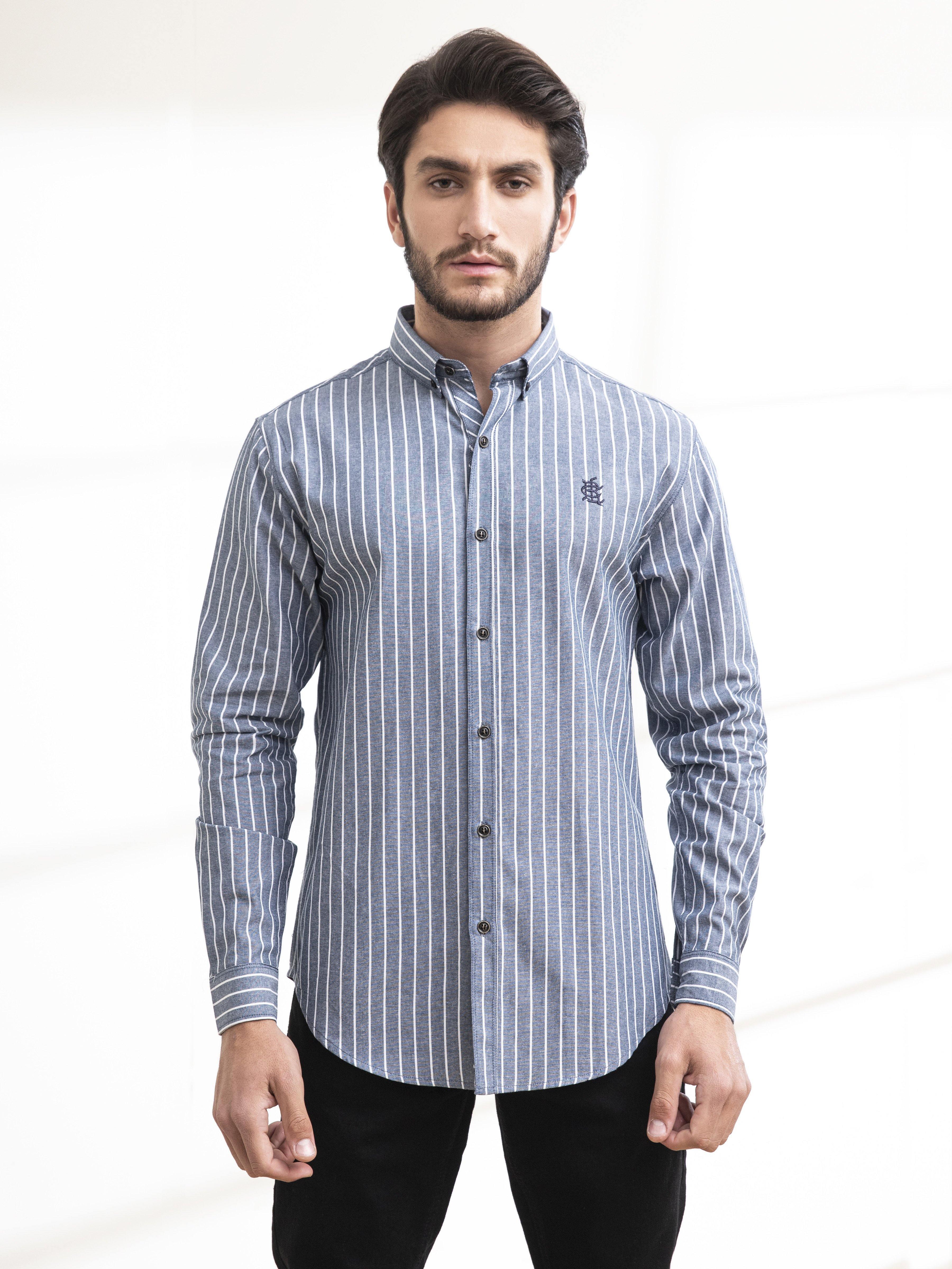 Grey striped casual button-up shirt with full sleeves and stand collar