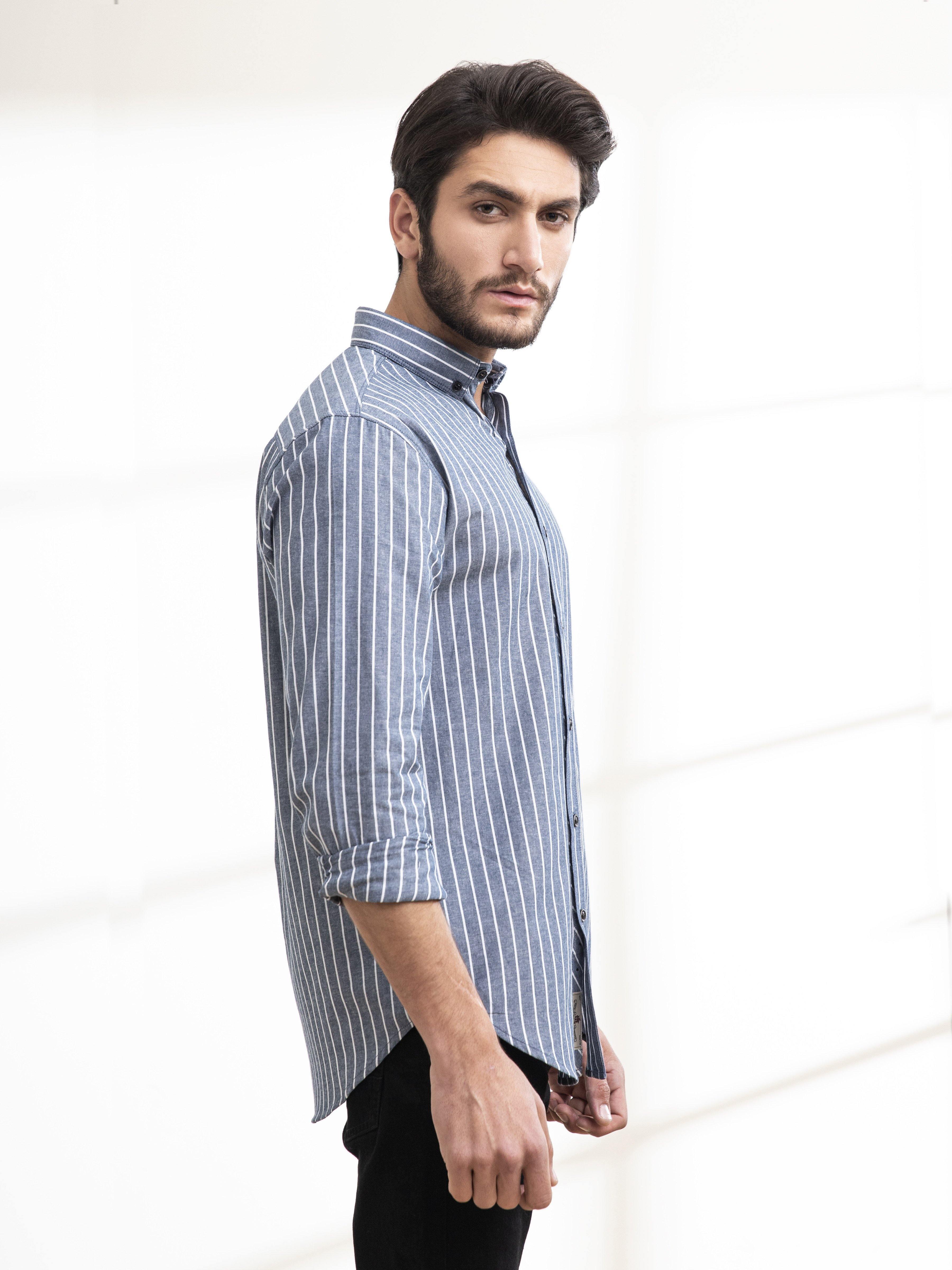 Grey striped casual button-up shirt, side view with full sleeves