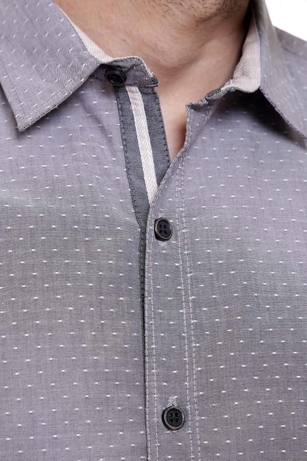 Grey long-sleeve shirt collar and placket with dark button details