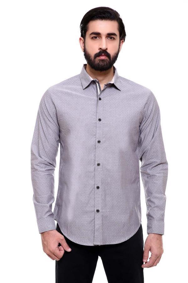 Grey slim-fit long-sleeve button-up casual shirt with pointed collar