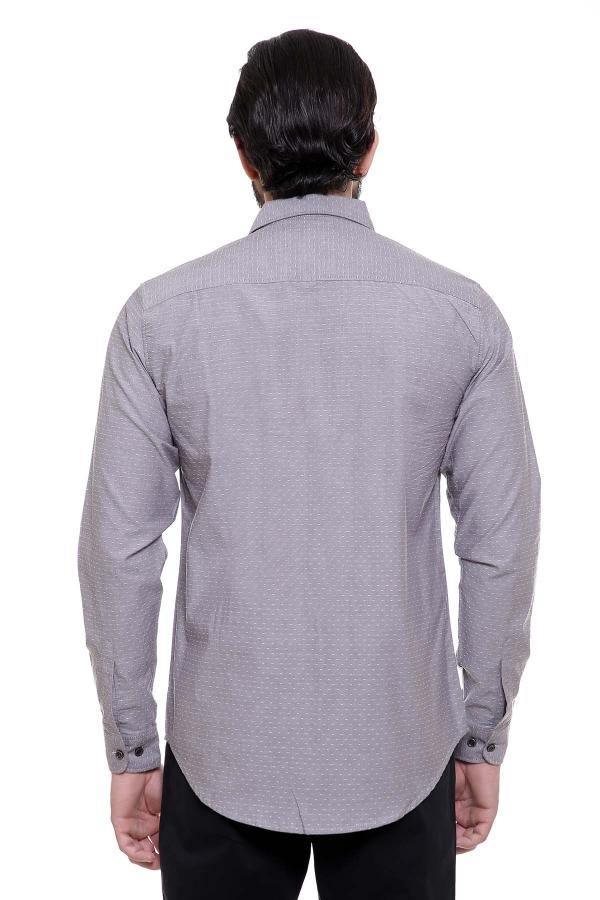 Grey slim-fit long-sleeve button-up shirt, back view
